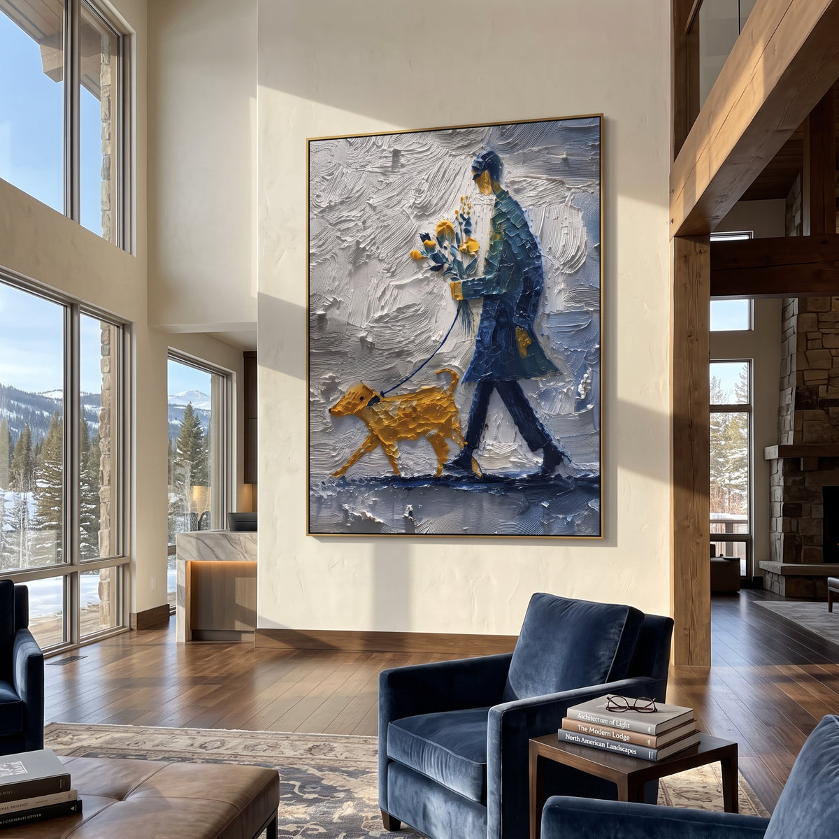 Flowers Lead Rainy Steps woman walking dog painting displayed in a styled interior