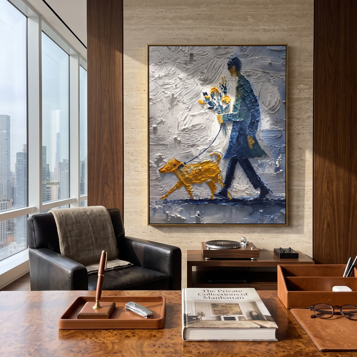 Flowers Lead Rainy Steps painting displayed above modern furnishings