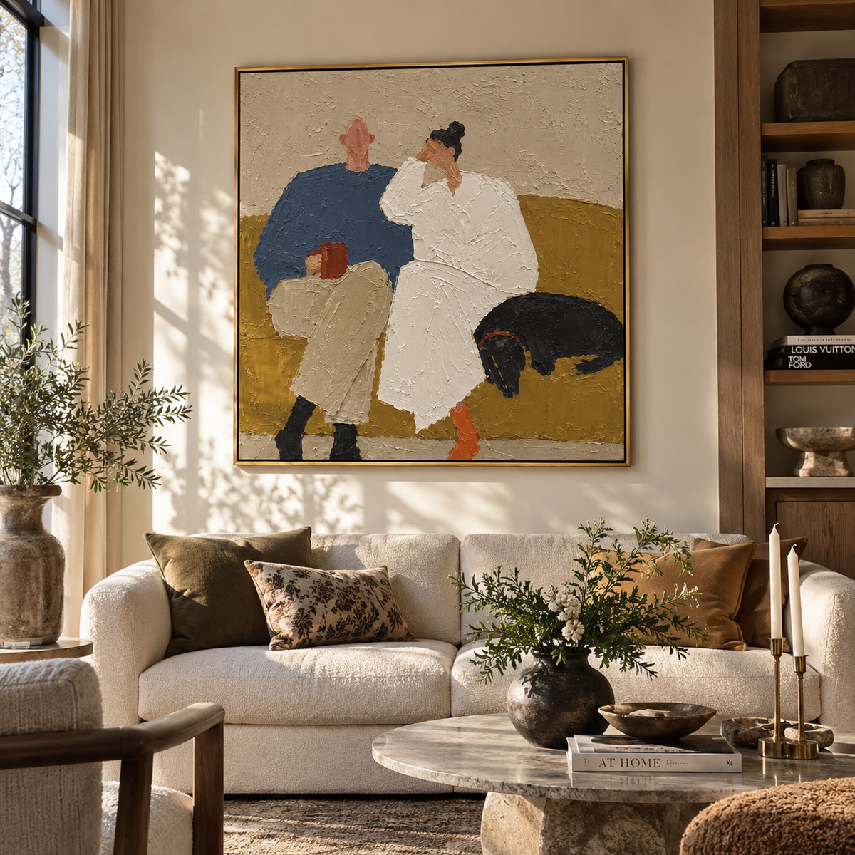 Quiet Couple Black Hound couple resting with dog painting displayed in a styled interior