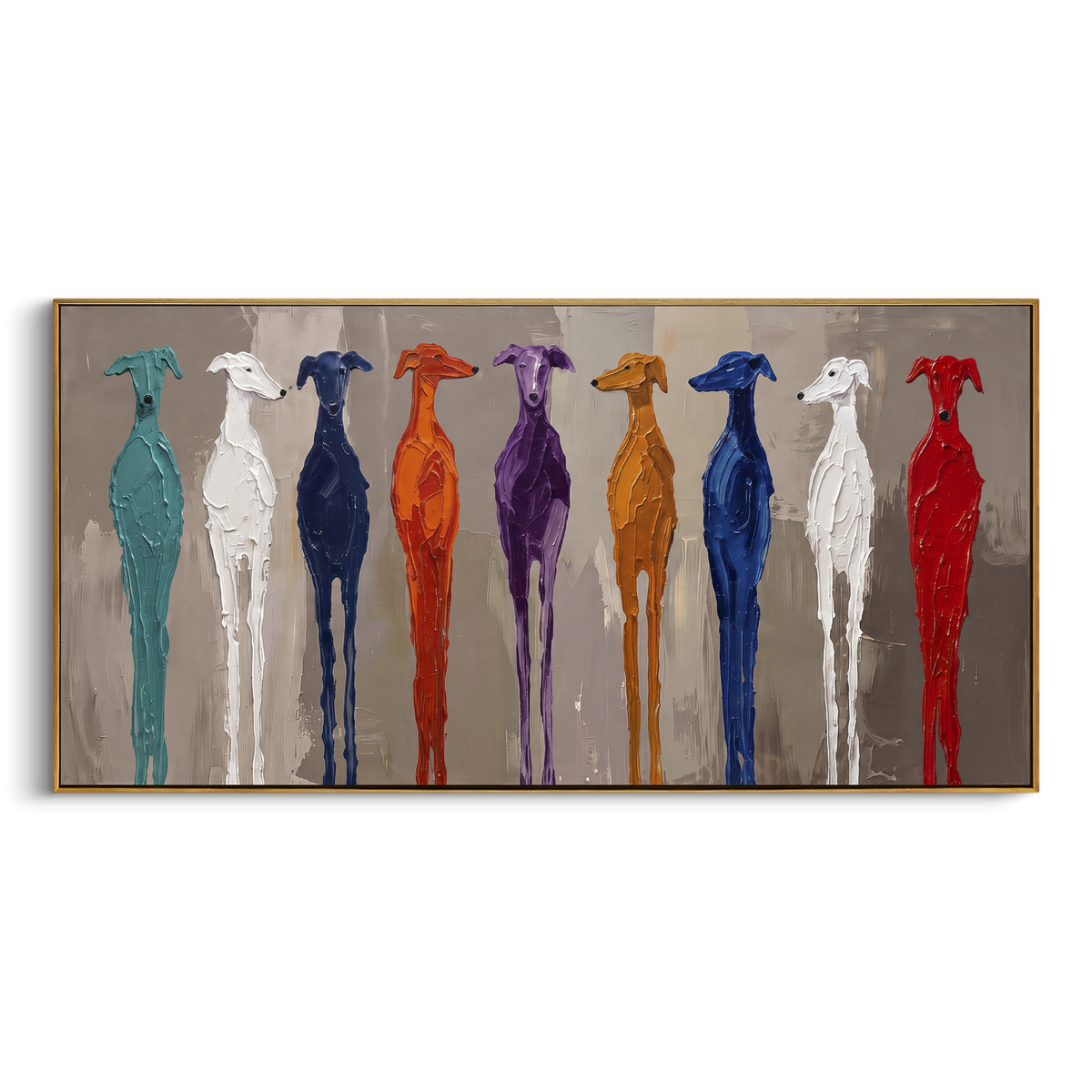 Many Hounds Stand Proud wide panoramic painting in a wood frame on a white background