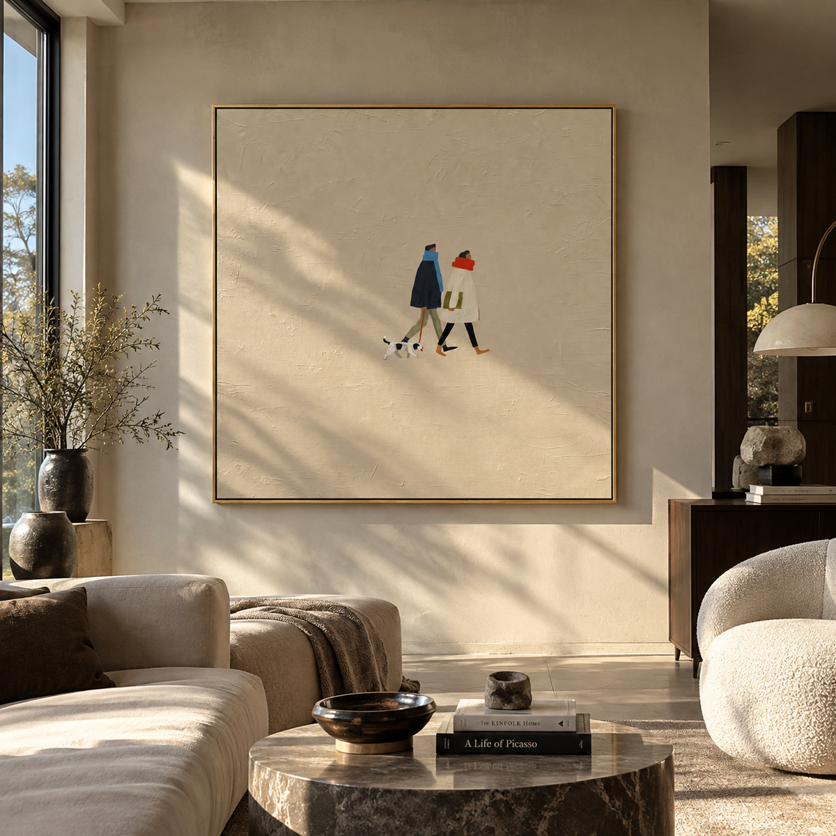 Two Friends Tiny Dog minimalist couple and dog painting displayed in a styled interior