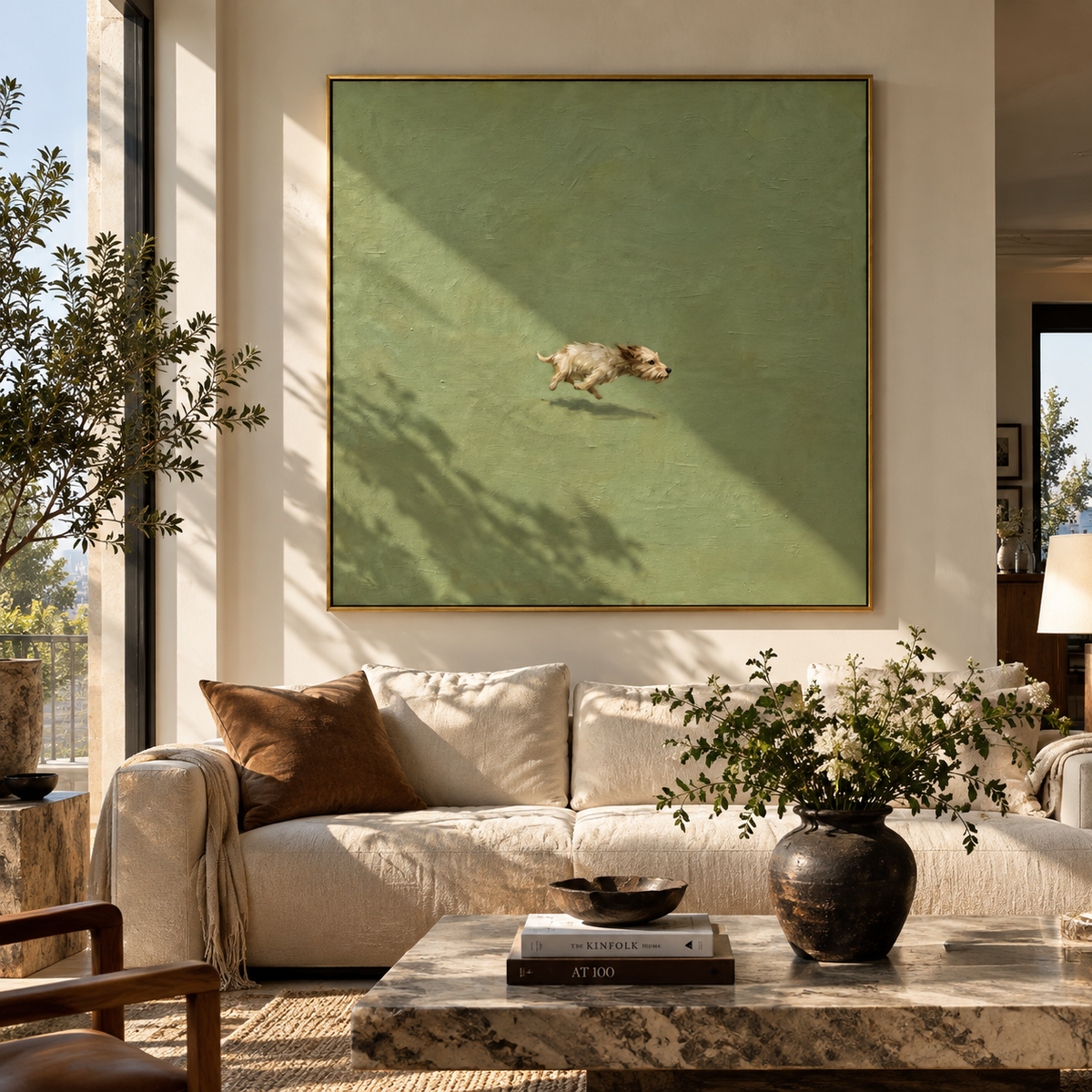 Green Field Running Dog minimalist running dog painting displayed in a styled interior