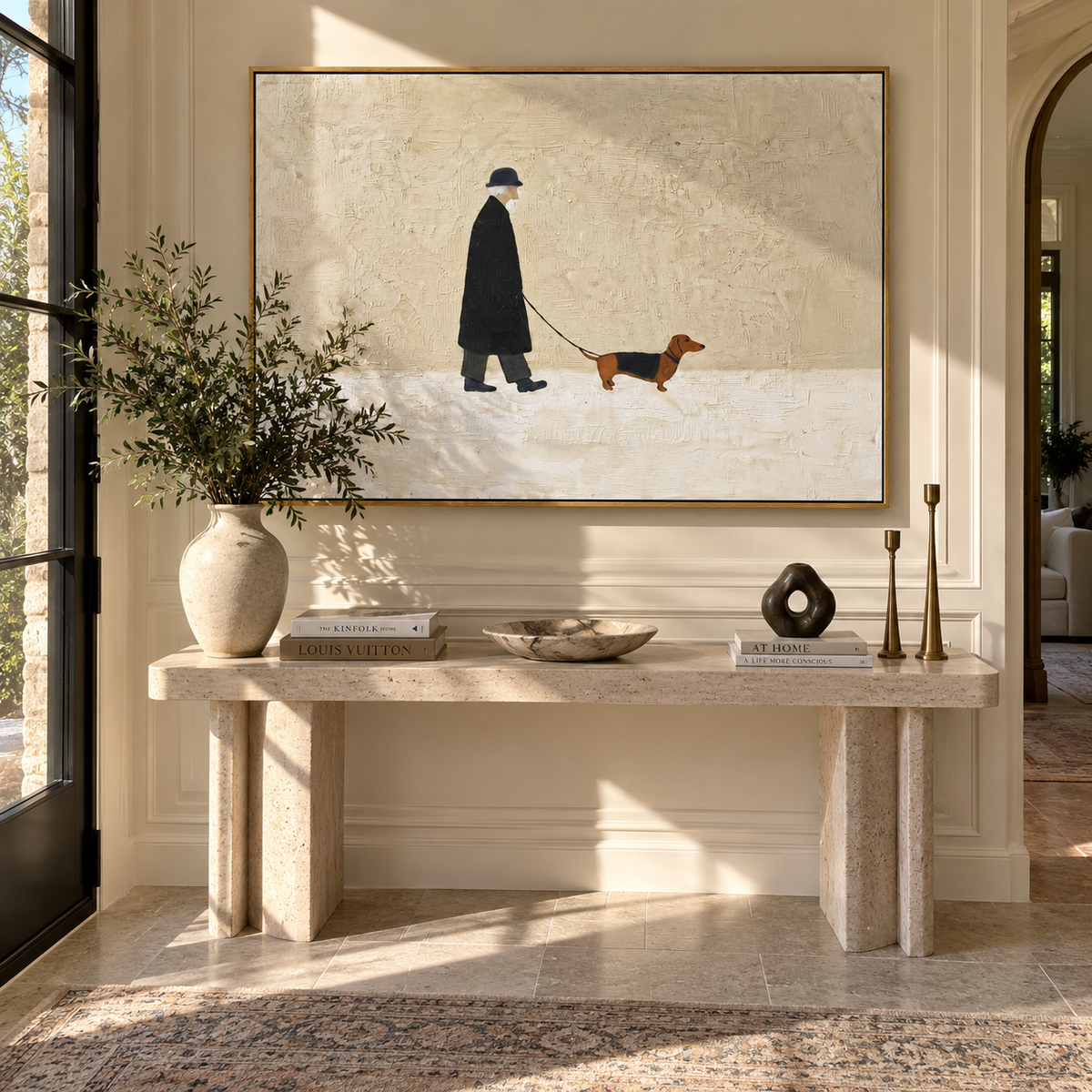 Dachshund Walks Pale Road people and pets wall art in a contemporary room