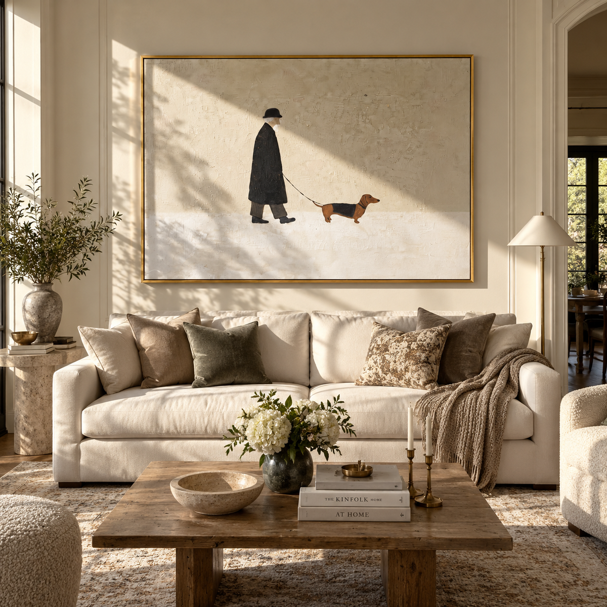 Dachshund Walks Pale Road artwork styled as a warm interior focal point