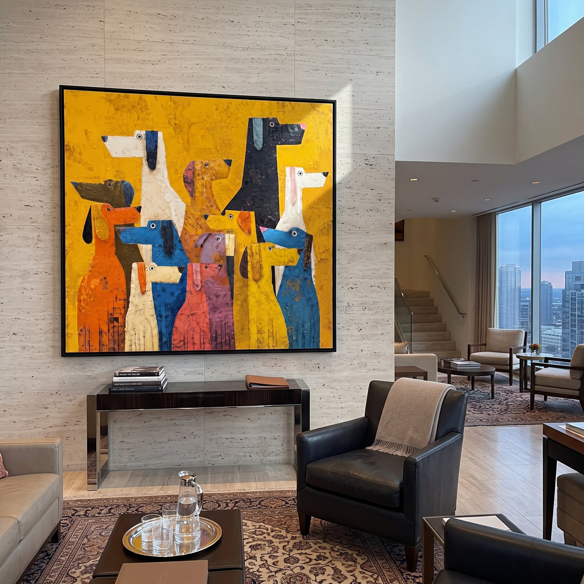 Bright Hounds Gather High abstract dog group painting displayed in a styled interior