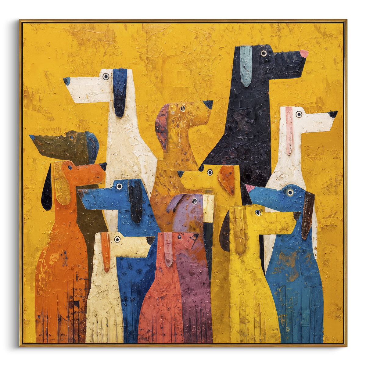 Bright Hounds Gather High square painting in a wood frame on a white background