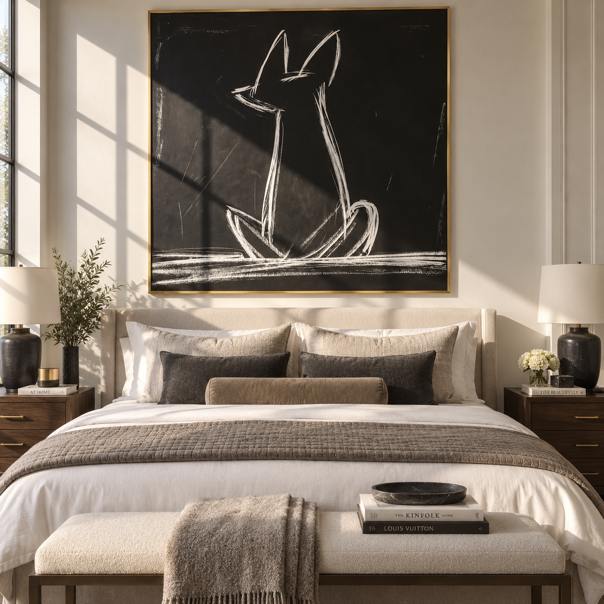 Chalk Hounds Sit Together artwork styled as a warm interior focal point
