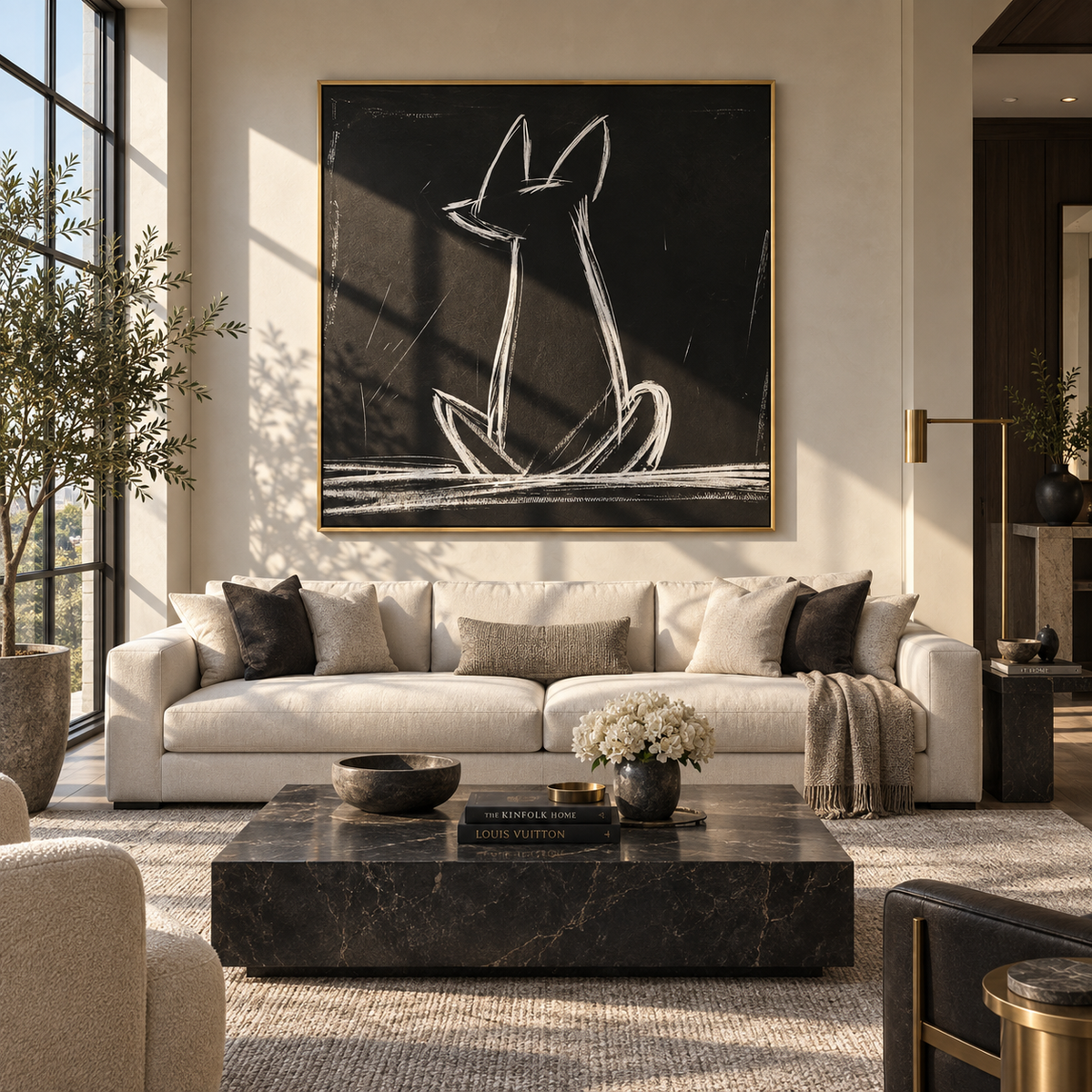 Chalk Hounds Sit Together displayed with natural materials and quiet decor