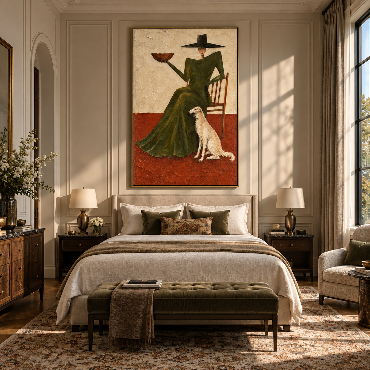 Supper with Quiet Hound - woman and dog painting shown in modern room setting 2