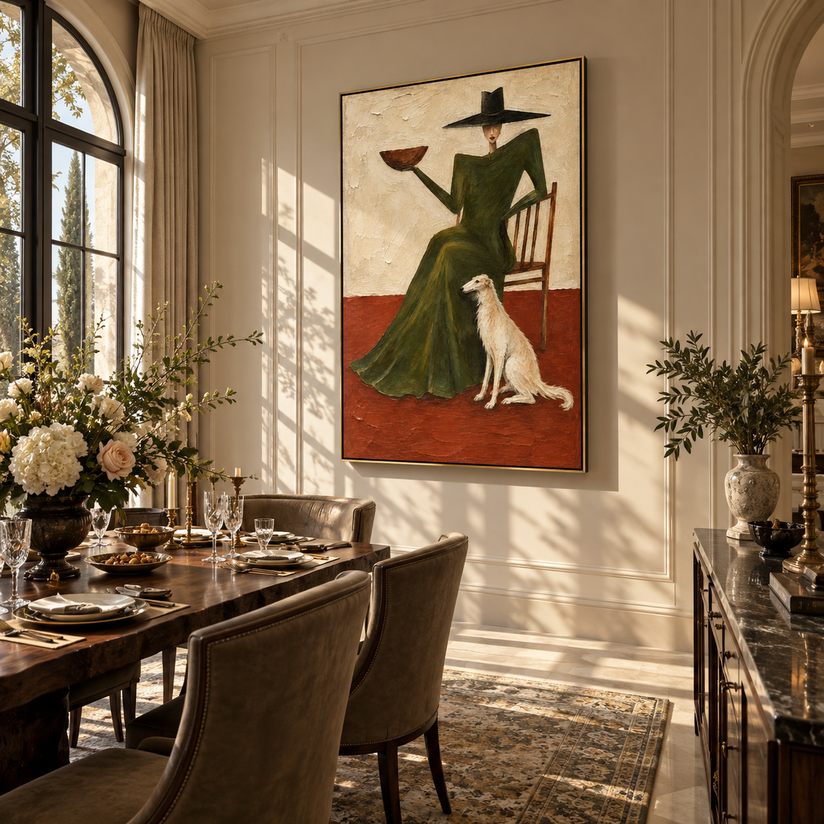 Supper with Quiet Hound - woman and dog painting shown in modern room setting 5