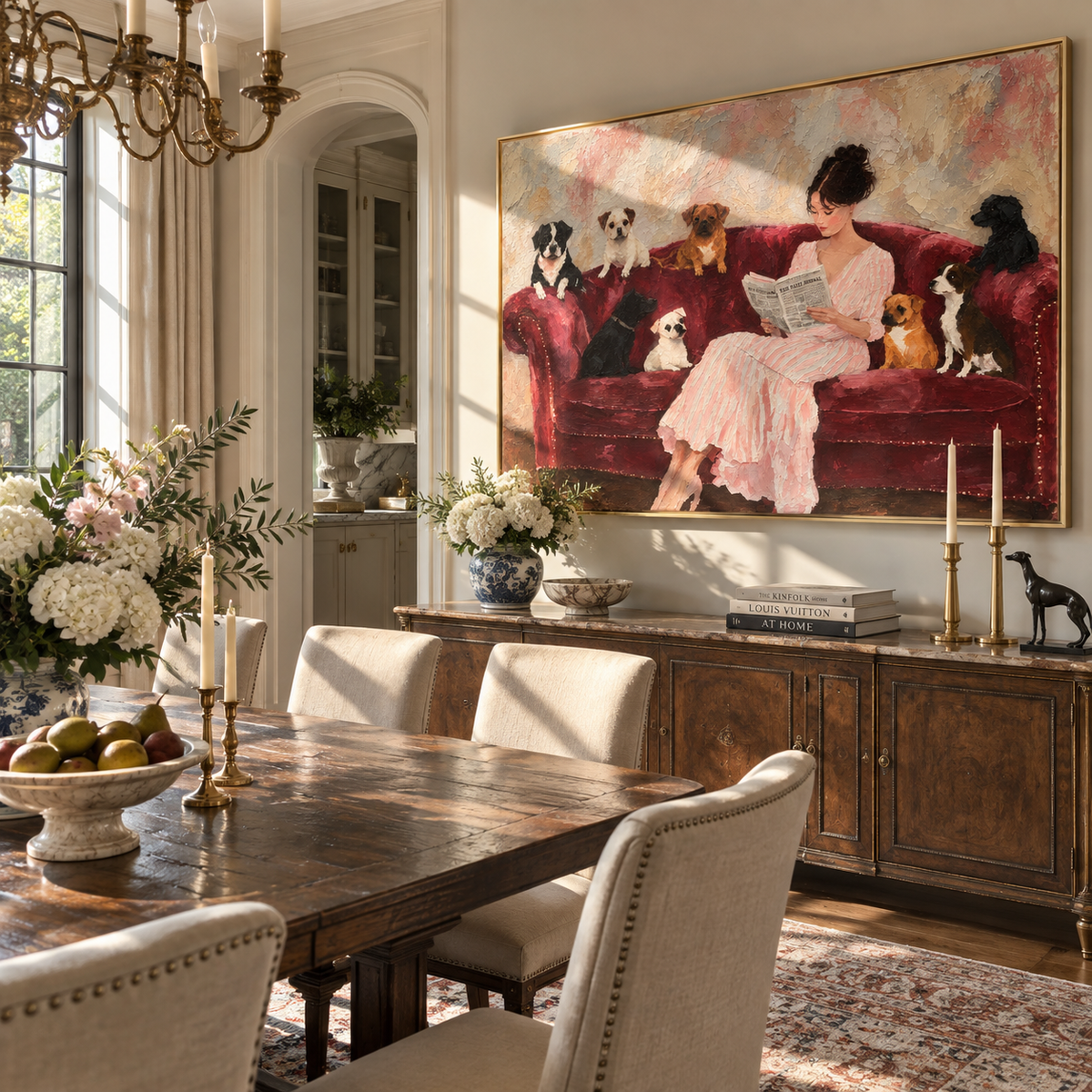 Velvet Sofa Full House - woman with dogs painting displayed in a styled interior