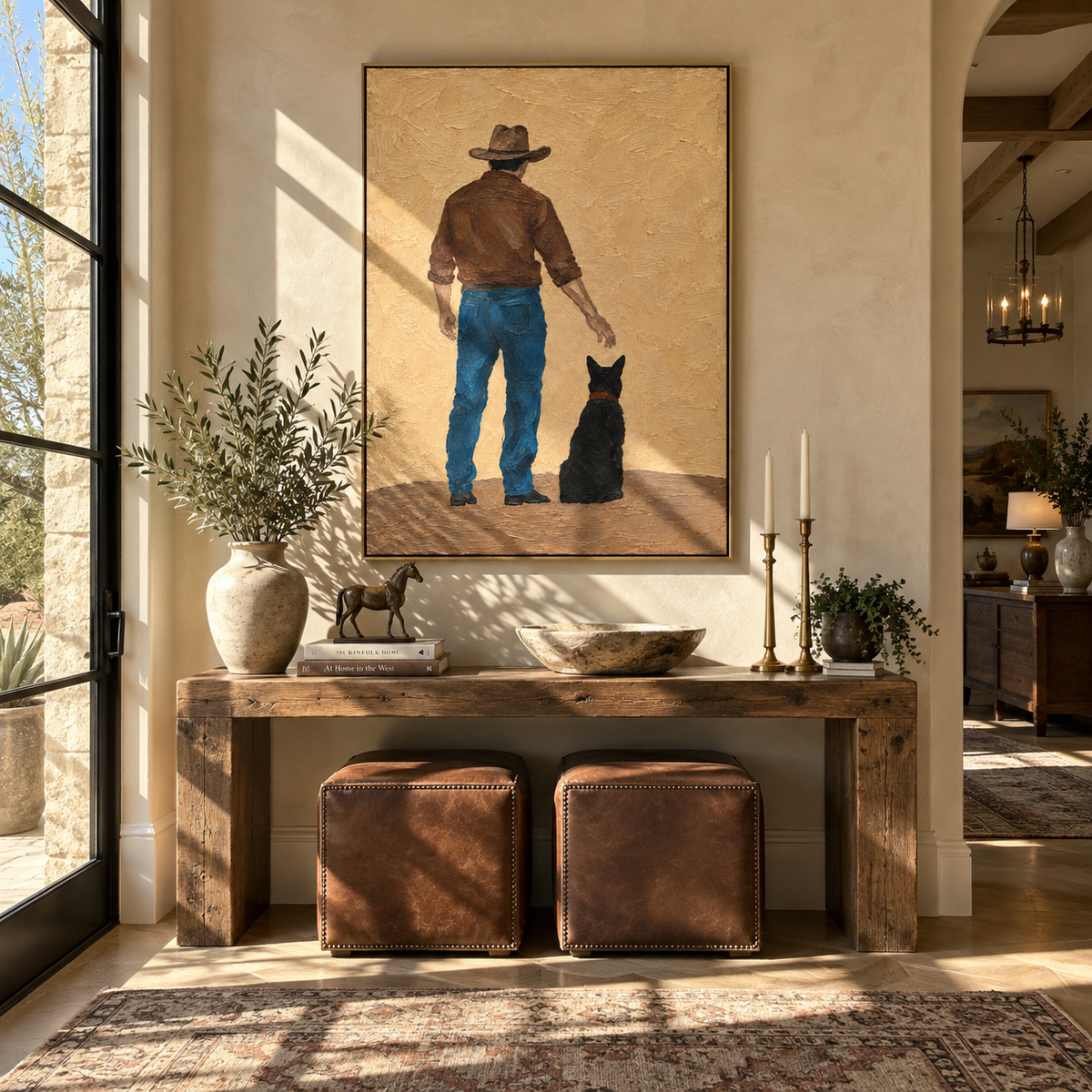 Westward Walk with Hound - cowboy and black dog painting shown in modern room setting 2