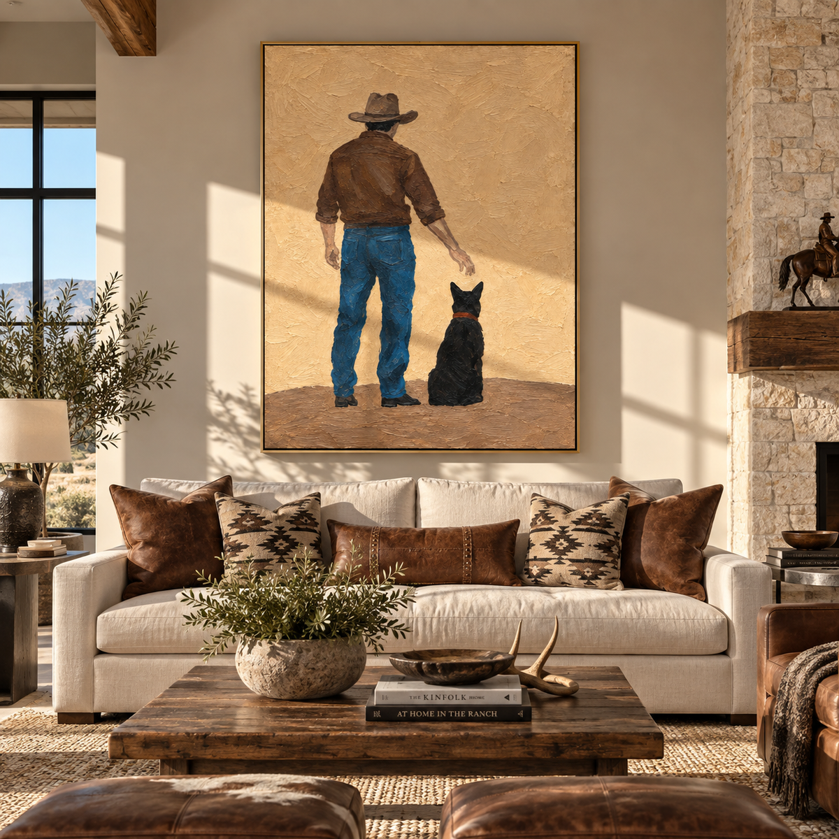 Westward Walk with Hound - cowboy and black dog painting shown in modern room setting 4