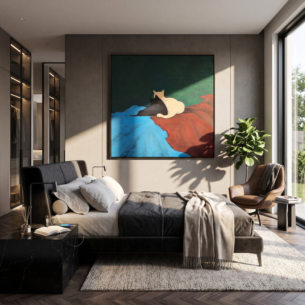 Cats Across Color Fields - minimalist cats on color fields painting displayed in a styled interior