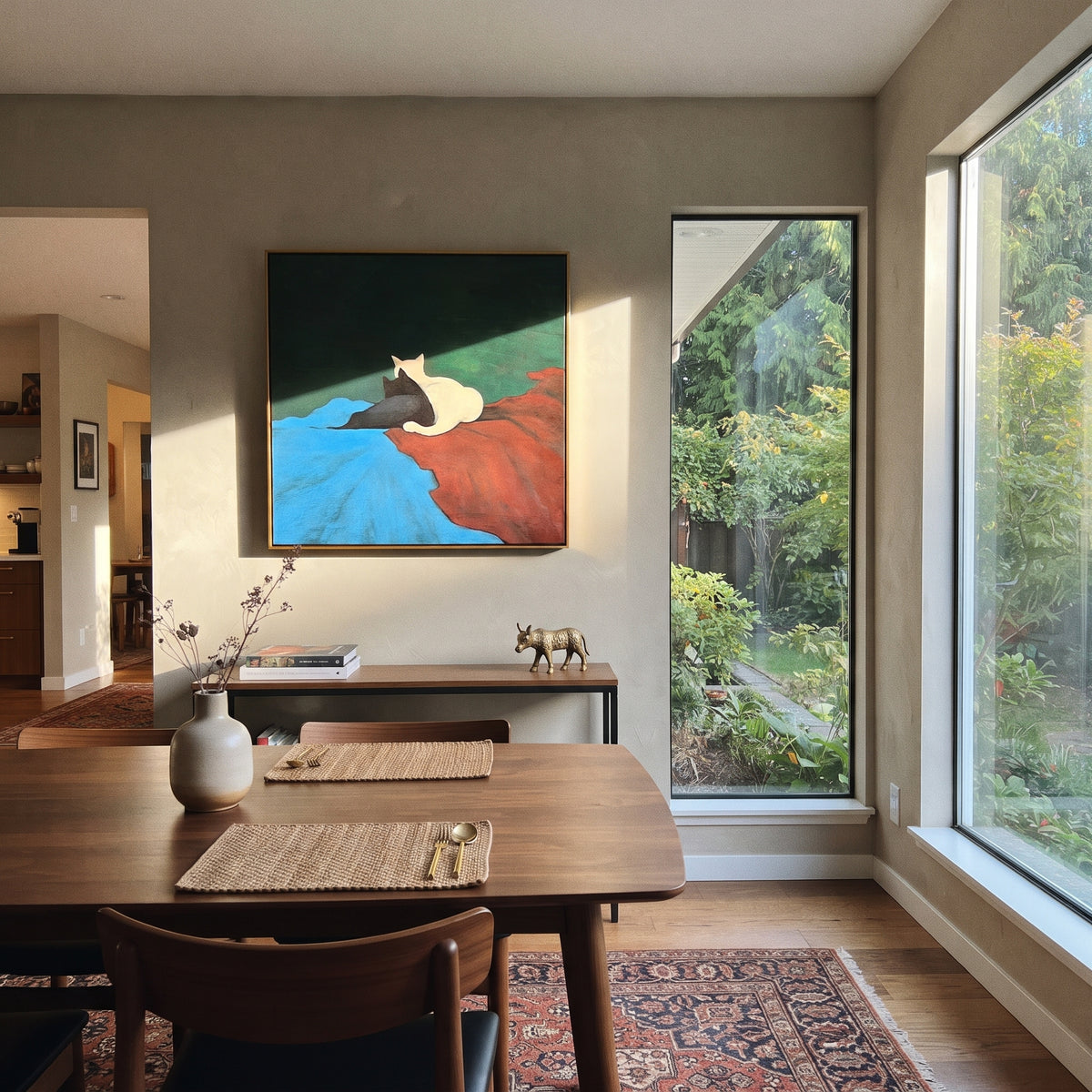 Cats Across Color Fields - minimalist cats on color fields painting shown in modern room setting 2