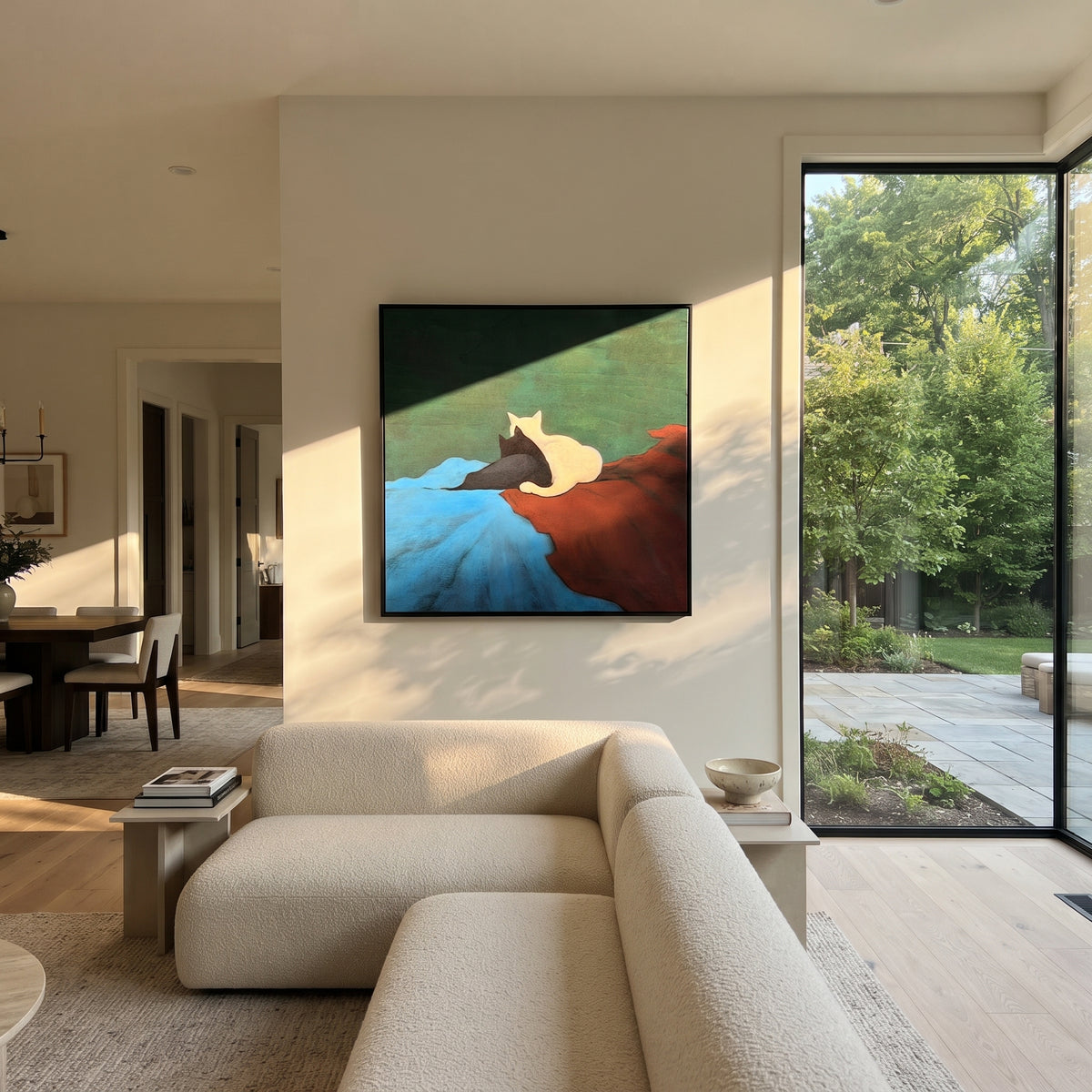Cats Across Color Fields - minimalist cats on color fields painting shown in modern room setting 3