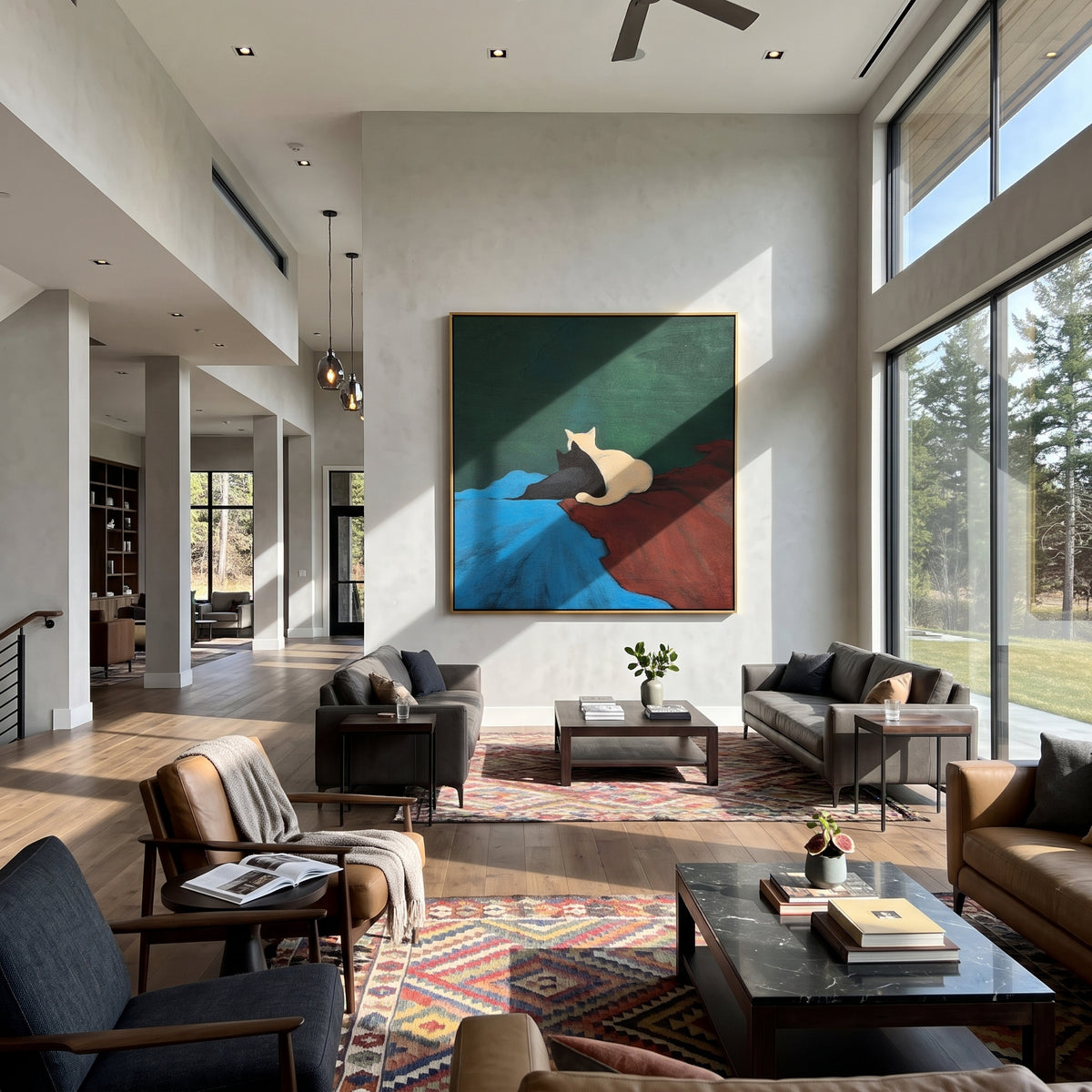 Cats Across Color Fields - minimalist cats on color fields painting shown in modern room setting 4