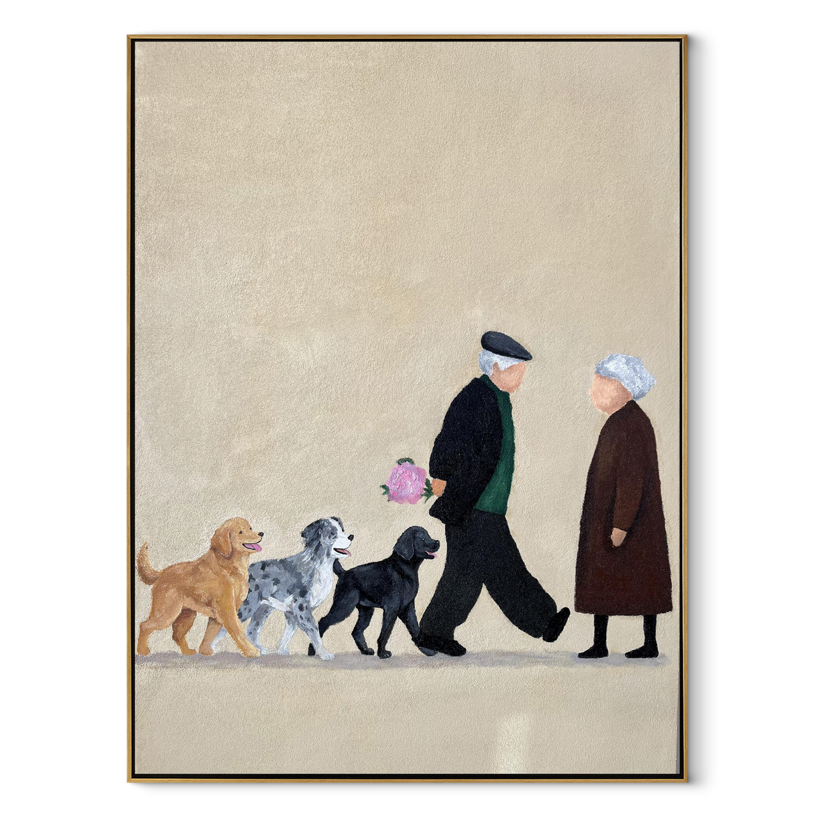 Afternoon Walk with Dogs - people walking dogs painting in a wood frame on white