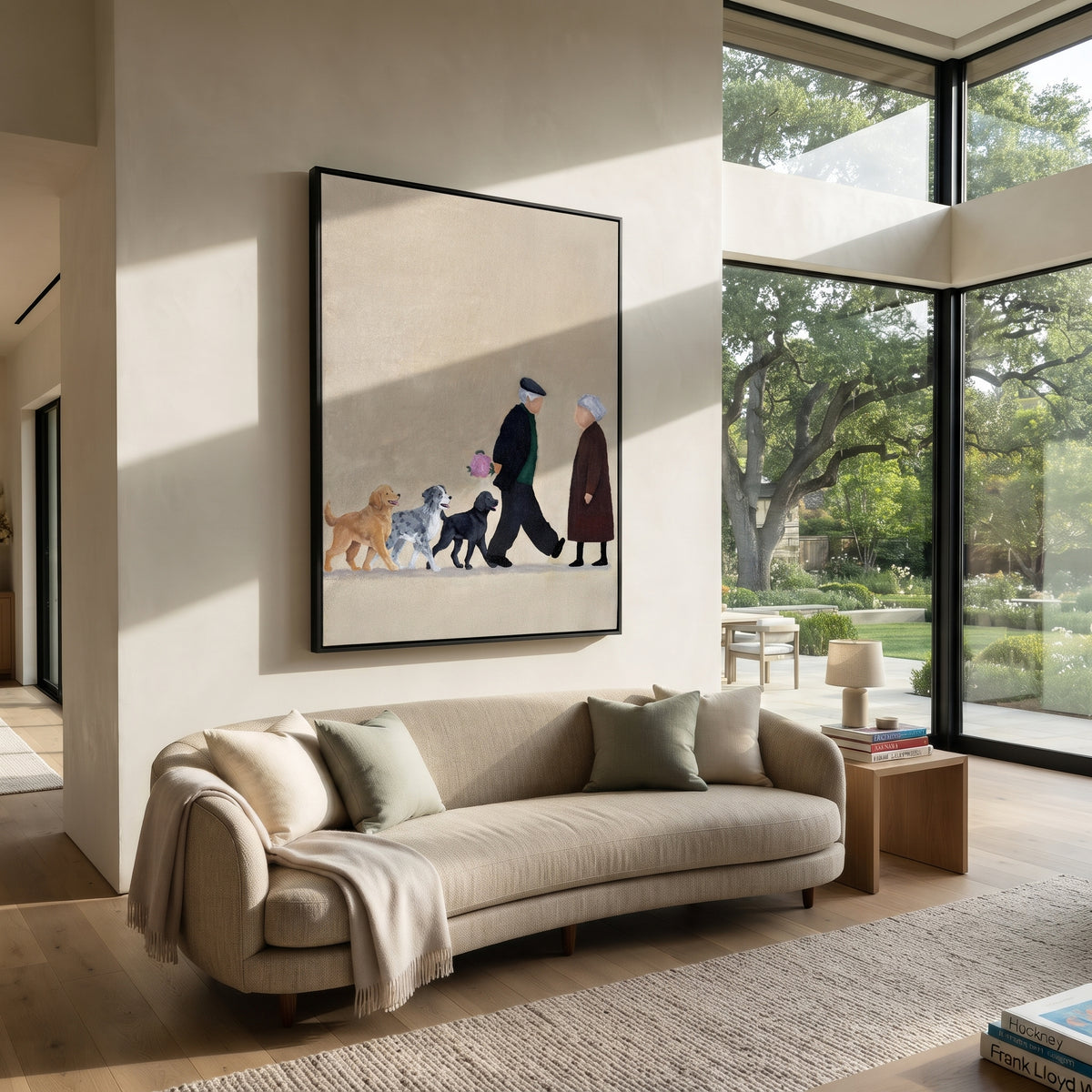 Afternoon Walk with Dogs - people walking dogs painting shown in modern room setting 5