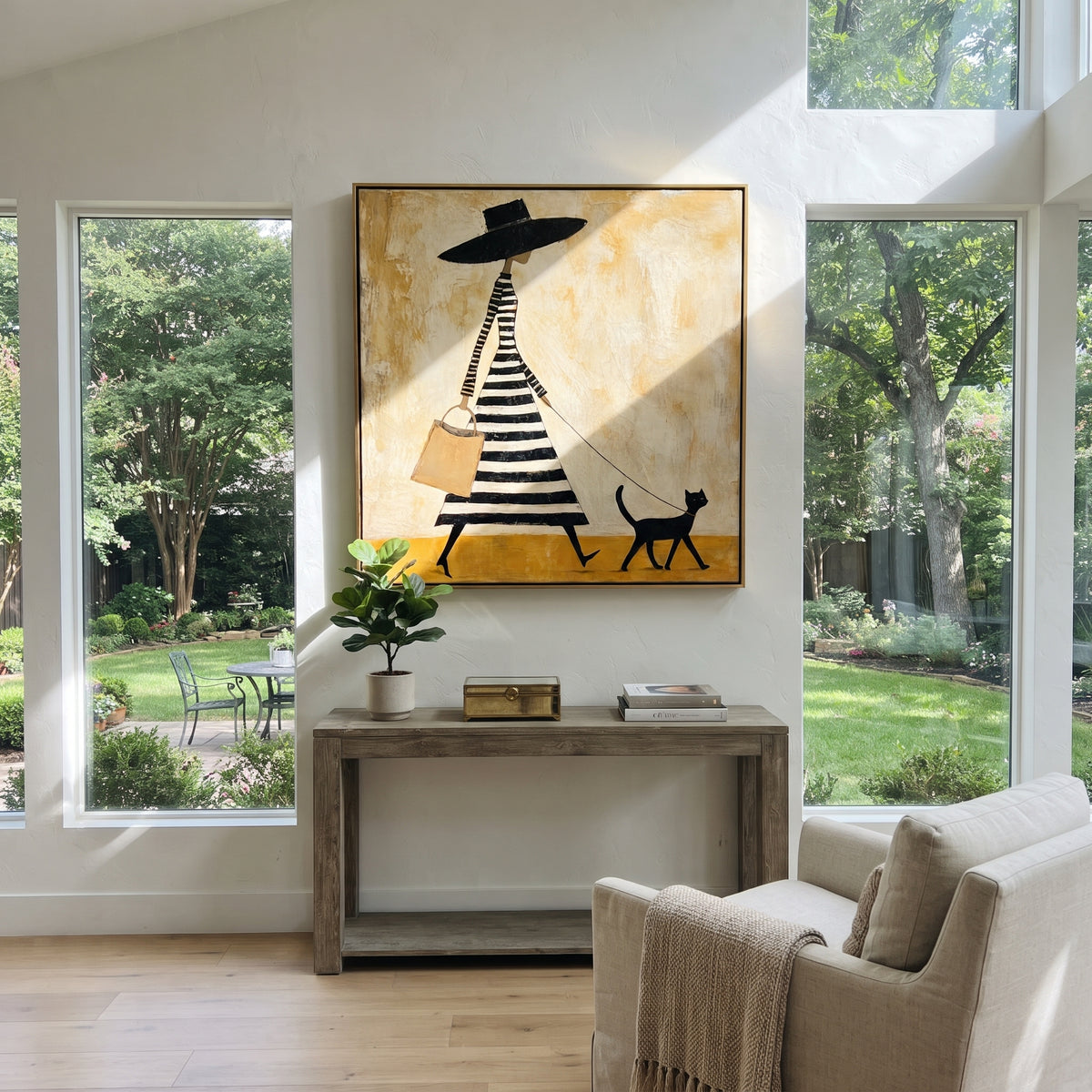 Black Hat Walk with Cat - fashion woman walking cat painting shown in modern room setting 4