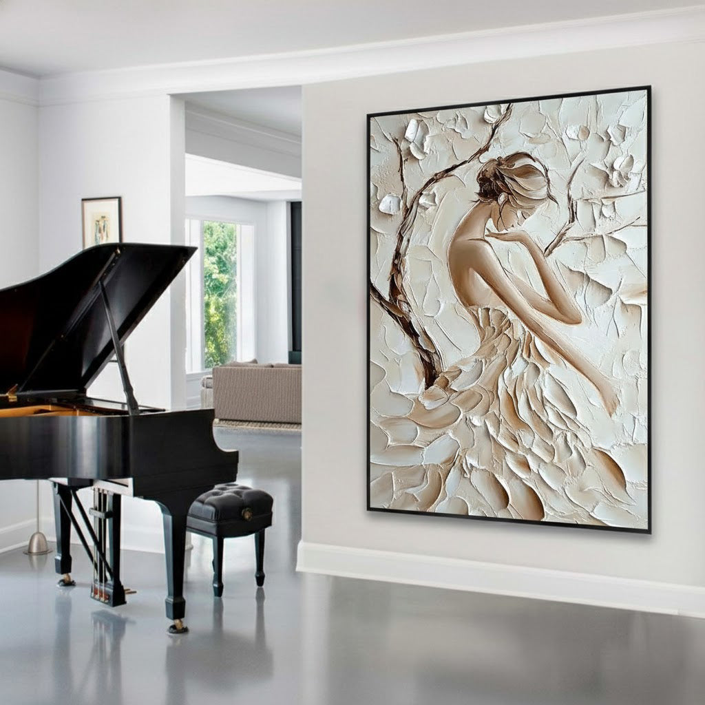 Elegance in Bloom – Modern French Luxury Creamy Textured Painting | Petal Dress Lady Bedroom Art