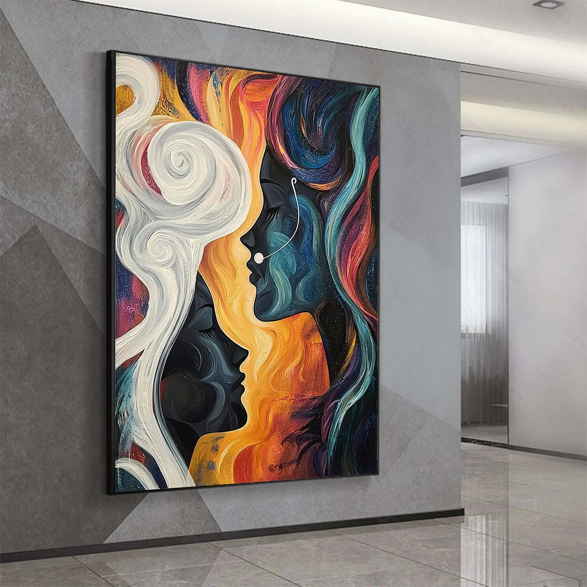 Mystic Faces – Hand-Painted Multicolored Surrealist Face Profile Portrait Painting | Bold Expressionist Living Room & Dining Room Art