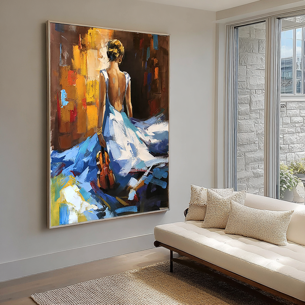 Azure Sonata – Elegant Lady in Blue Gown Impasto Painting | Contemporary Expressionist Living Room & Office Art