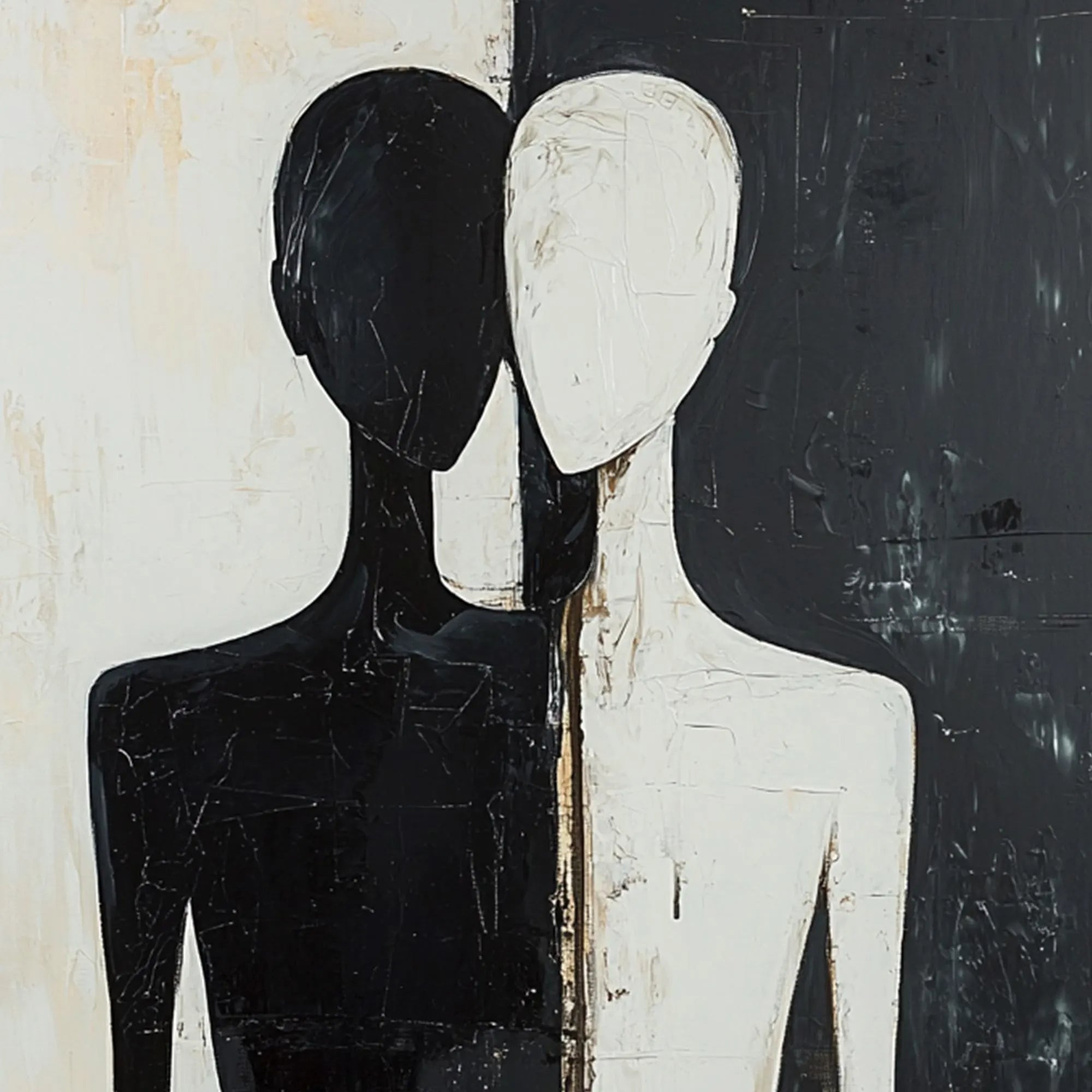 Dual Souls – Minimalist Black & White Abstract Figures Art | Modern Luxury Living Room Art