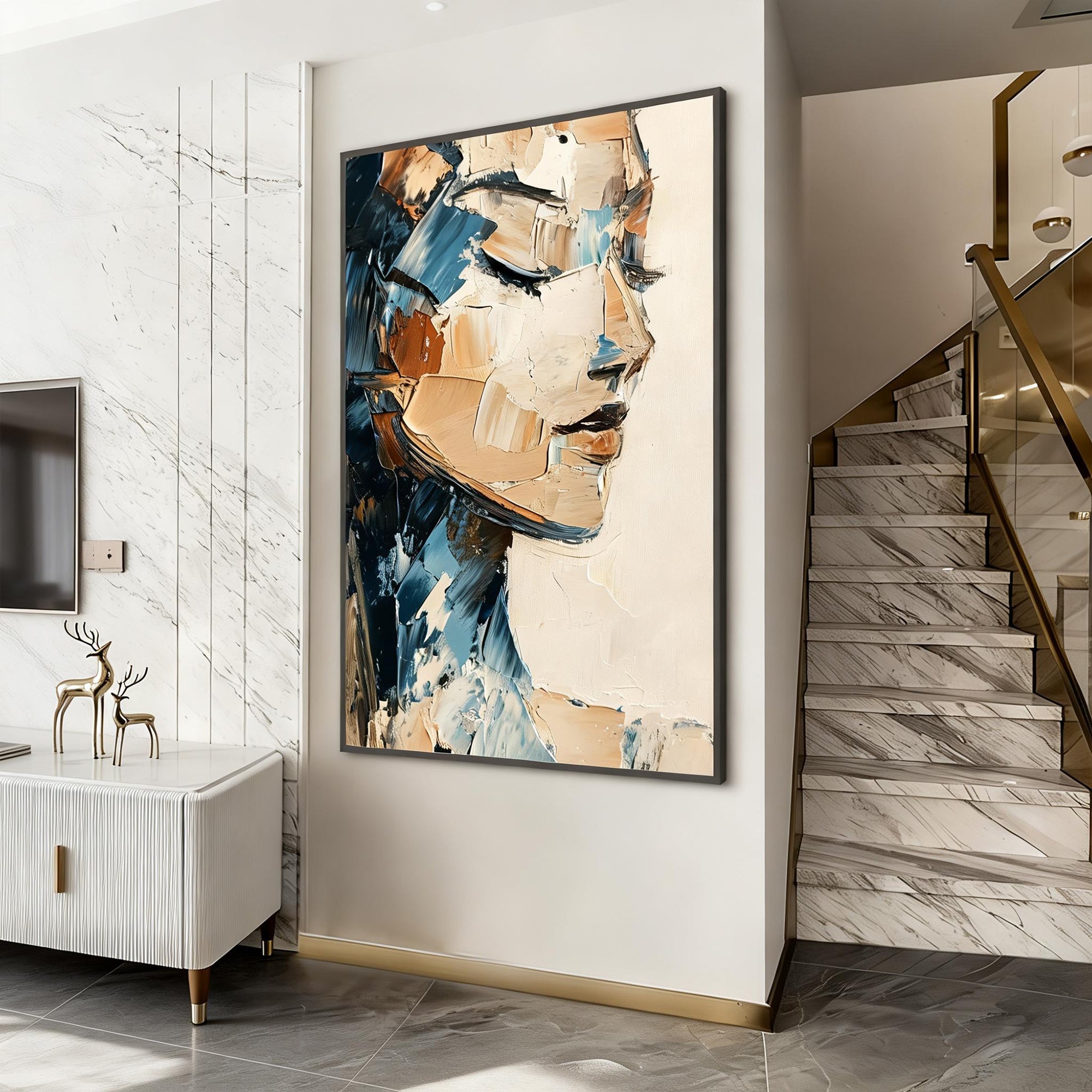 Serene Contemplation – Abstract Woman Face Impasto Palette Knife Hand-Painted Oil Portrait Painting | Contemporary Expressionist Living Room & Office Art