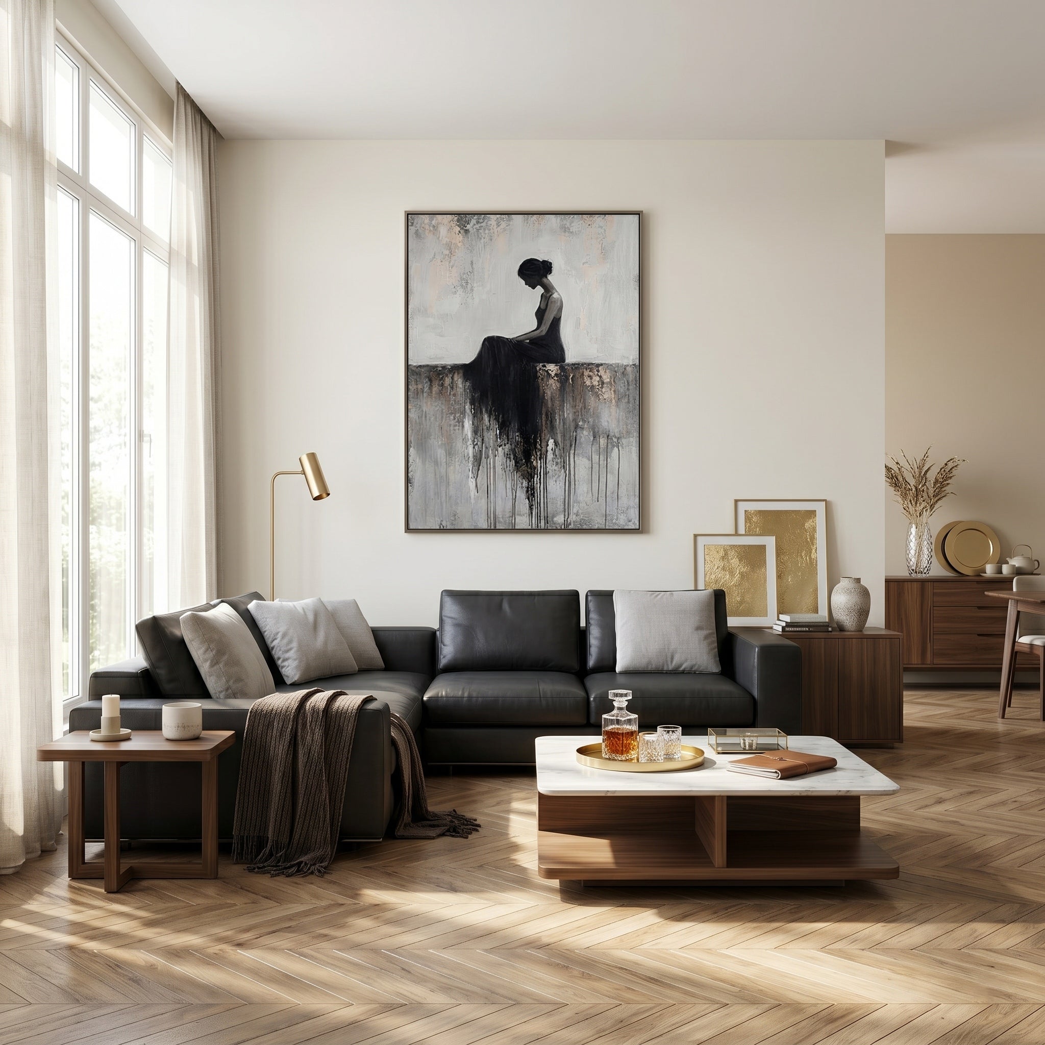 Soul's Sanctuary – Modern Figurative Impasto Black Dress Painting | Minimalist Bedroom Wall Art