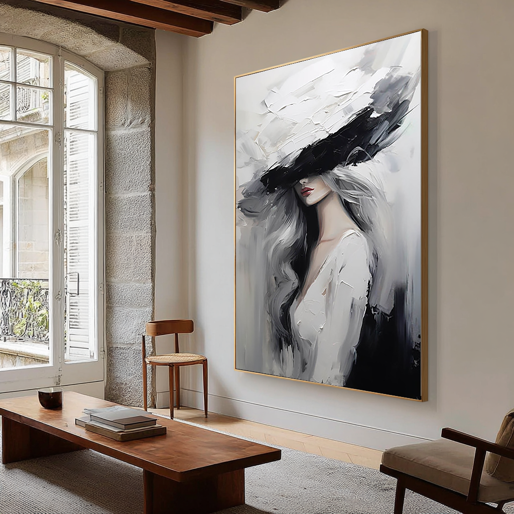 Modern Chic – Palette Knife Portrait Painting | Stylish Lady in Hat Abstract Bedroom Oil Art