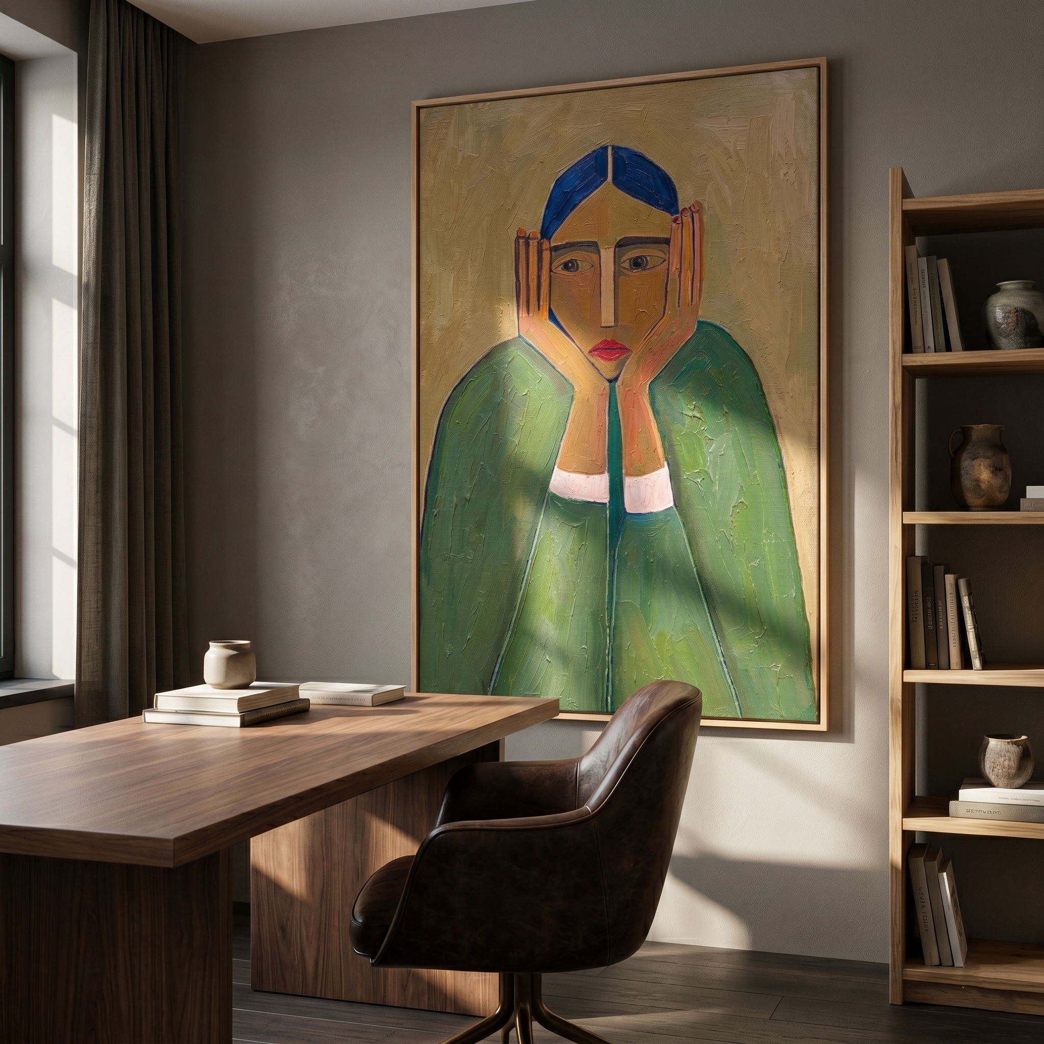 The Silent Gaze – Modern Expressionist Figure Painting | Wabi-Sabi Minimalist Entryway Wall Art