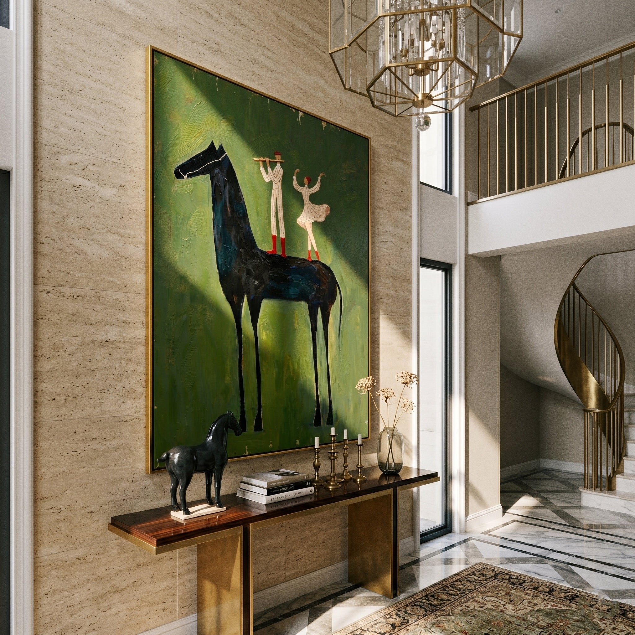 The Forest Serenade – Magical Realism Olive Green Painting | Whimsical Vertical Dining Room Art