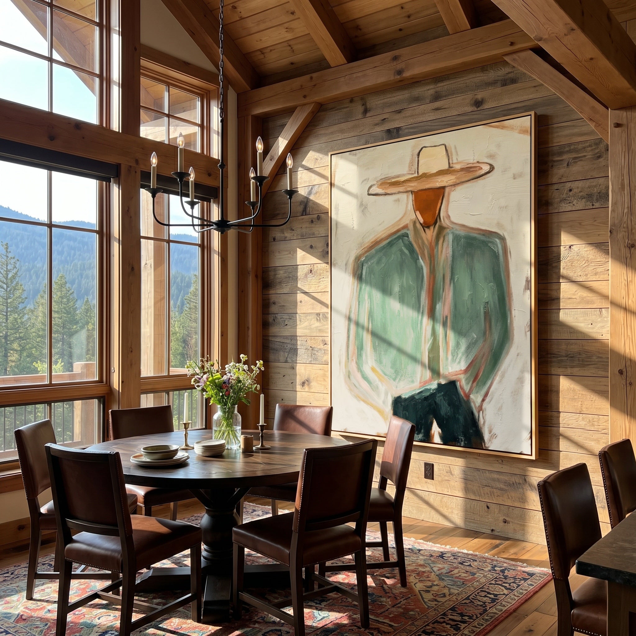 The Wanderer's Soul - Modern Sage Green Cowboy Figurative Painting | Mid-Century Abstract Entryway Art