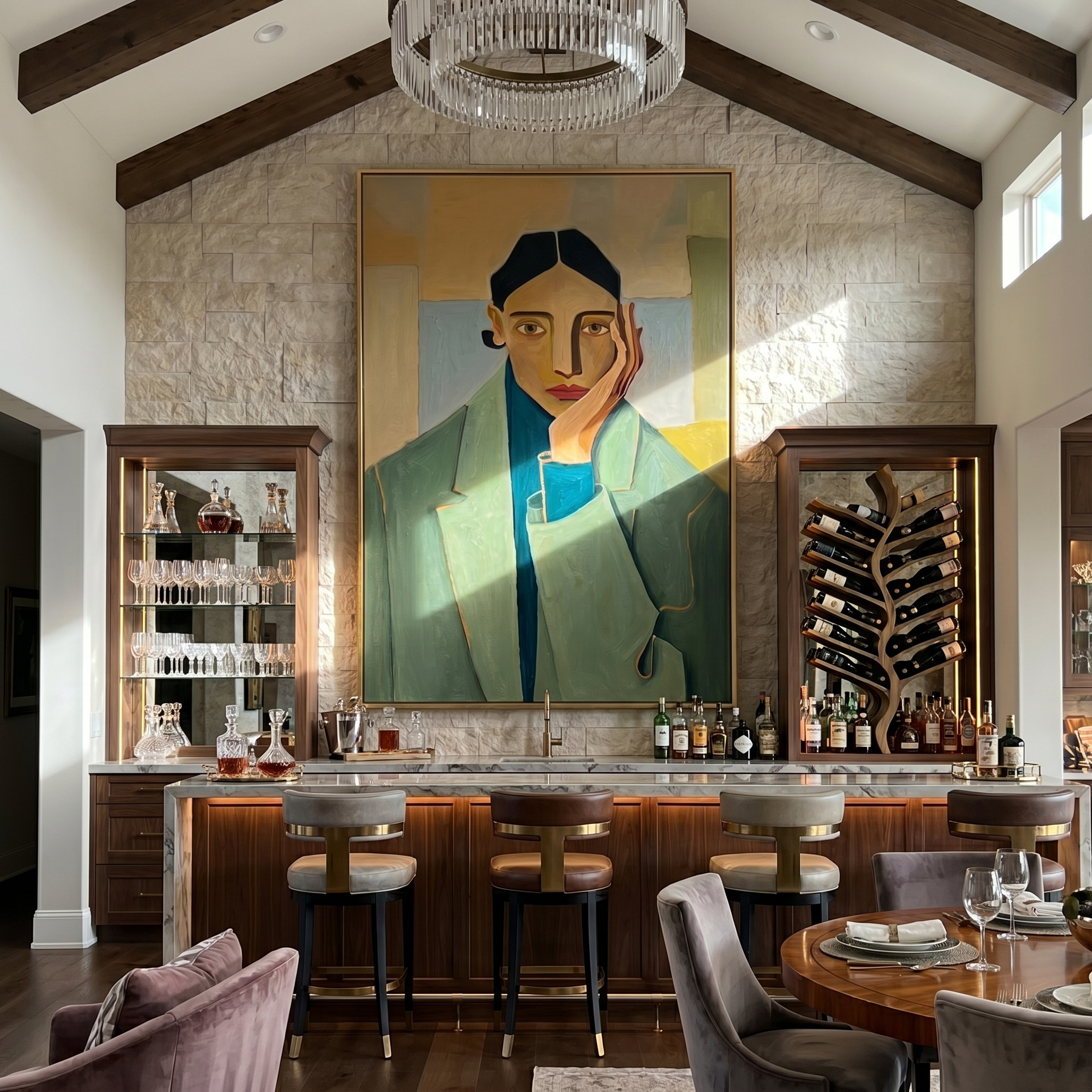 Jade Geometry – Cubist Figure Portrait Painting | Mid-Century Modern Vertical Art