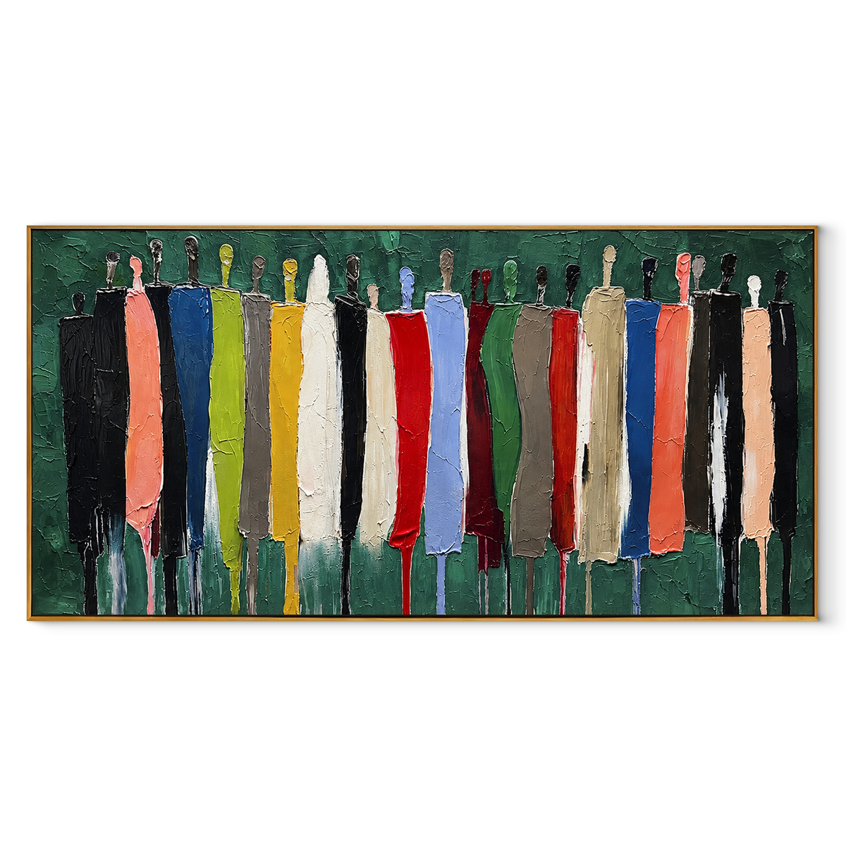 Figures Crossing Deep Green – colorful abstract crowd painting, wood frame on white background