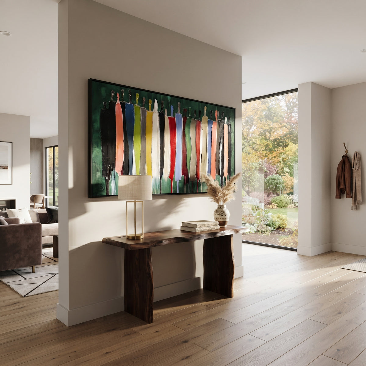 Figures Crossing Deep Green – colorful abstract crowd painting, displayed in a bright contemporary interior