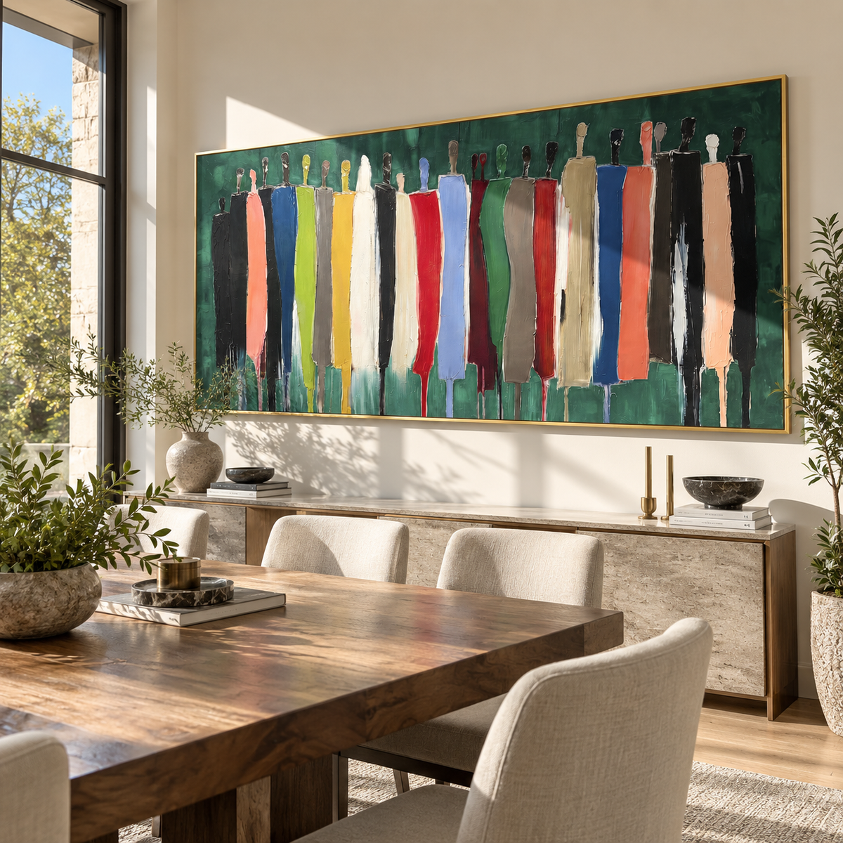Figures Crossing Deep Green – colorful abstract crowd painting, displayed above a quiet sitting area