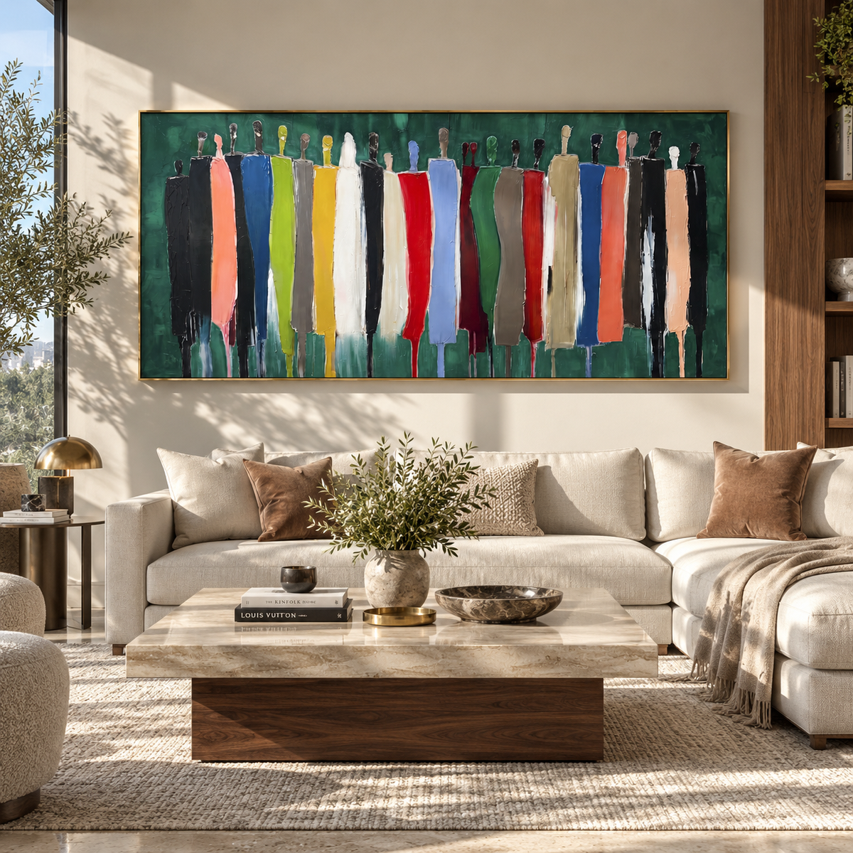 Figures Crossing Deep Green – colorful abstract crowd painting, displayed over a neutral living room sofa