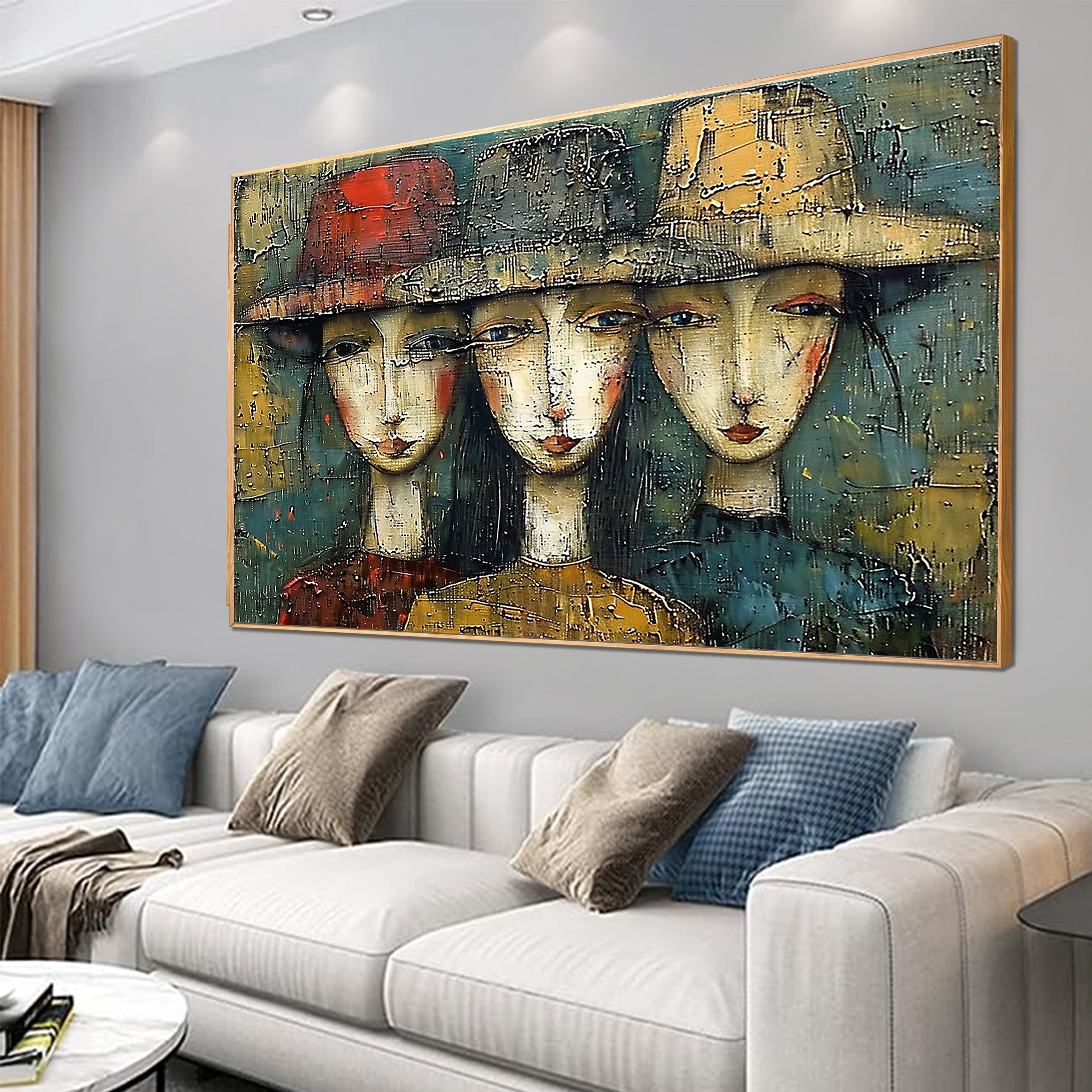 Sisterhood Chic – Hand-Painted Abstract Women with Hats Expressionist Portrait Painting | Contemporary Expressionist Living Room & Office Art