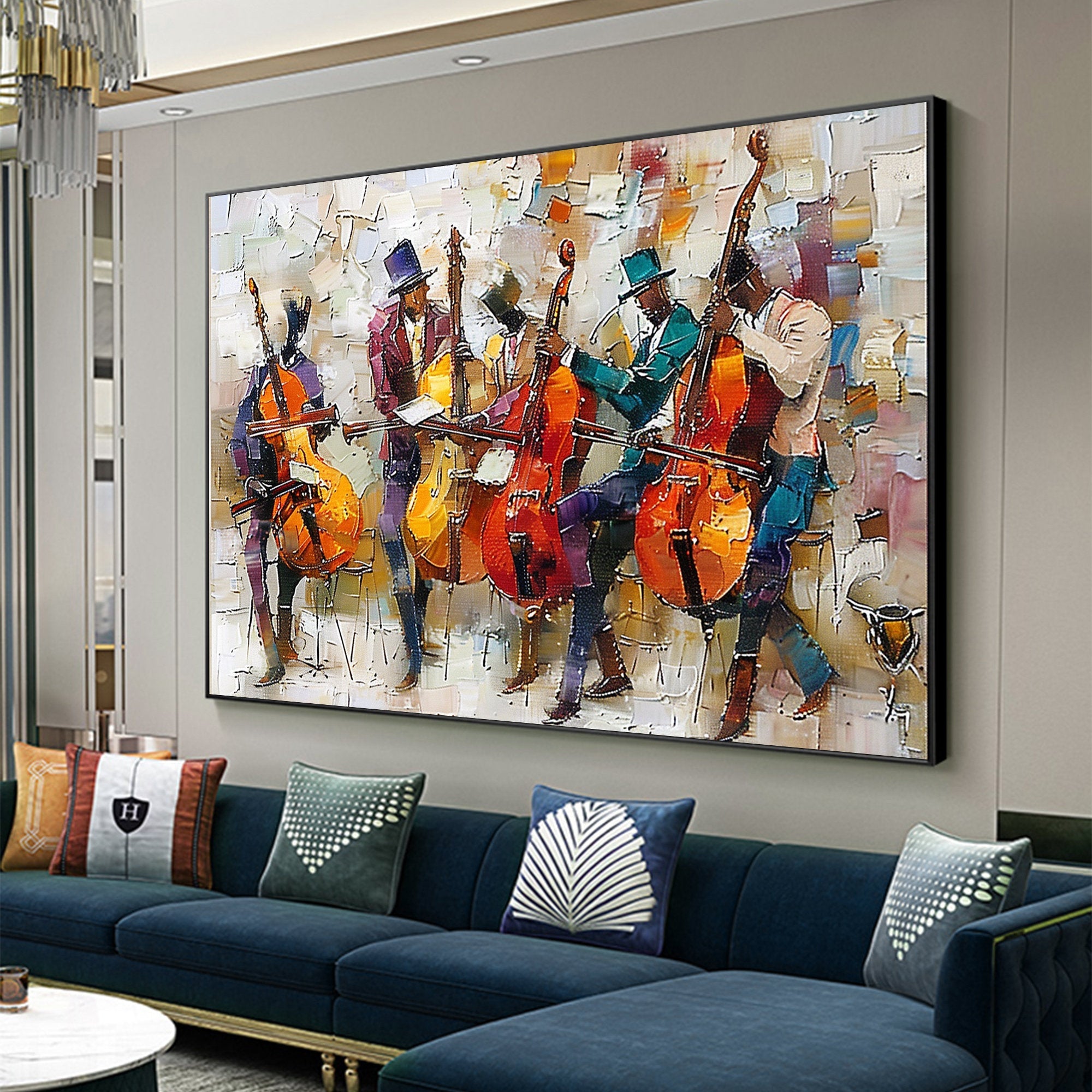 Jazz Rhythm – Hand-Painted Abstract Cello Ensemble Musical Palette Knife Textured Oil Portrait Painting | Contemporary Expressionist Living Room & Office Art