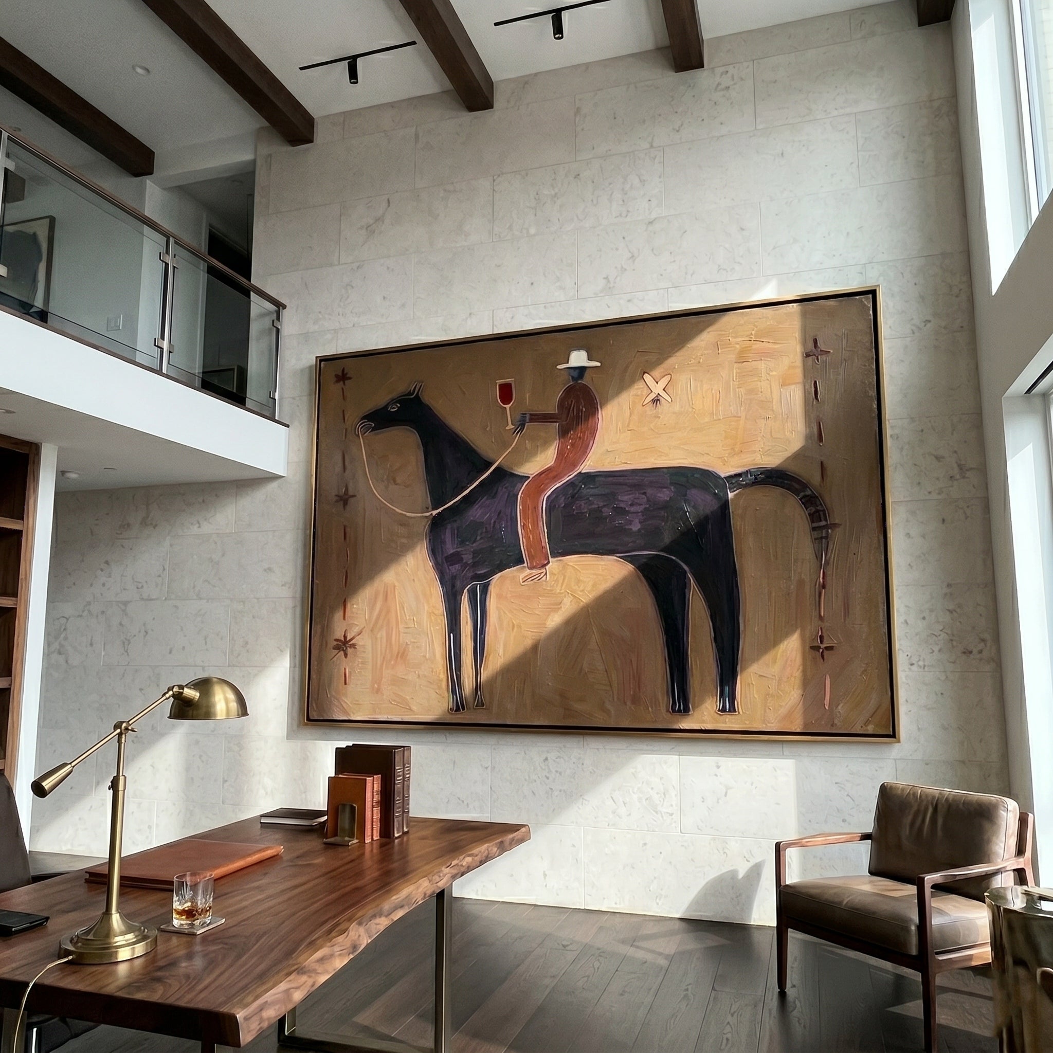 The Midnight Toast – Primitivism Cowboy & Horse Painting | Rustic Modernist Living Room Art