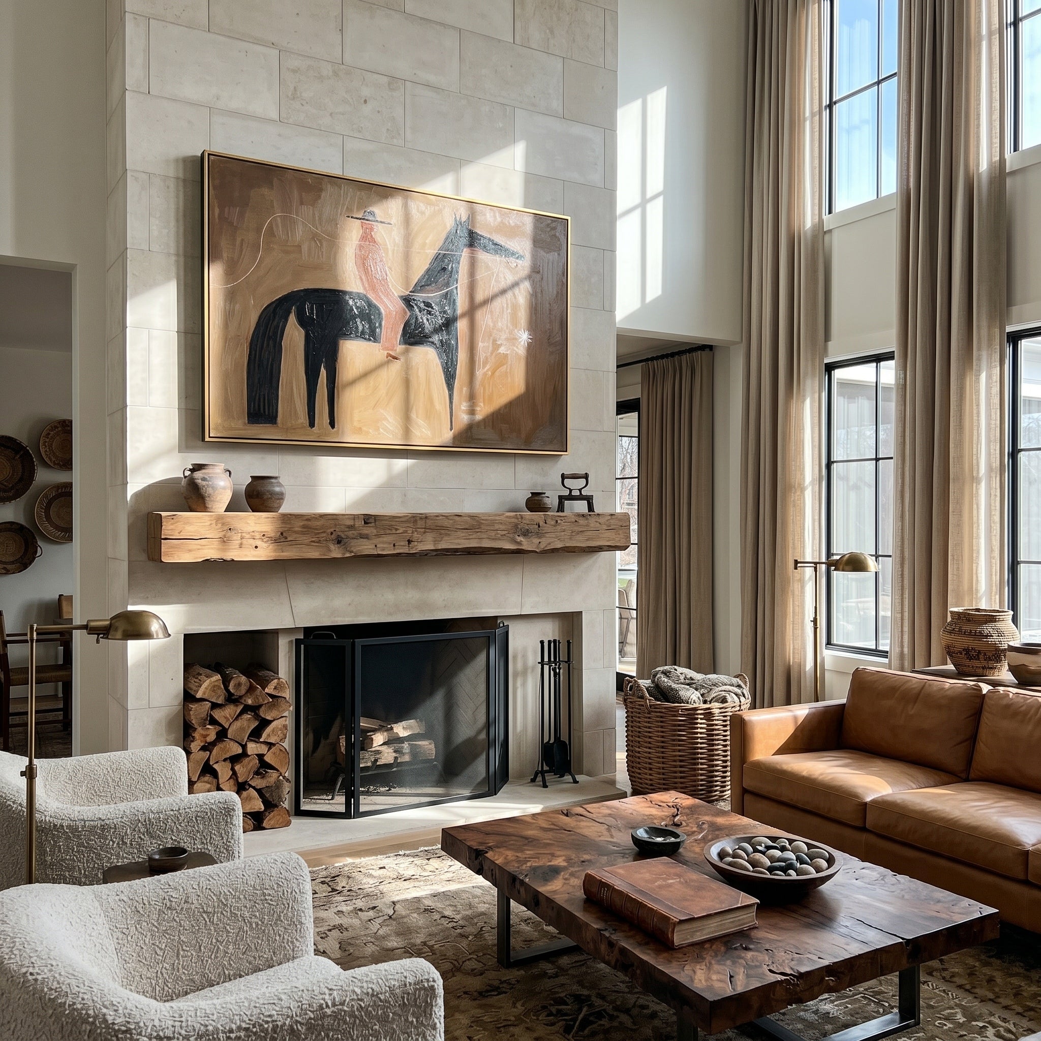 Guiding Star – Minimalist Western Rider & Black Horse Painting | Rustic Modernist Home Office Art