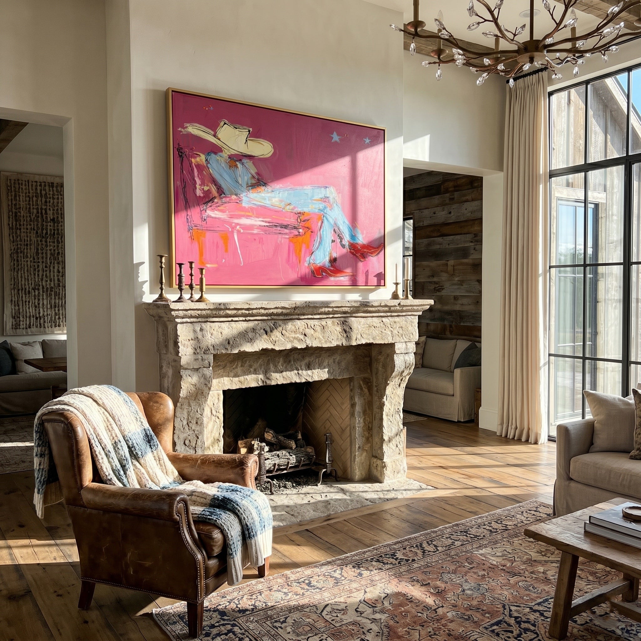Neon Midnight Rider – Pop Art Pink Cowboy & Red Boots Painting | Avant-Garde Eclectic Living Room Art