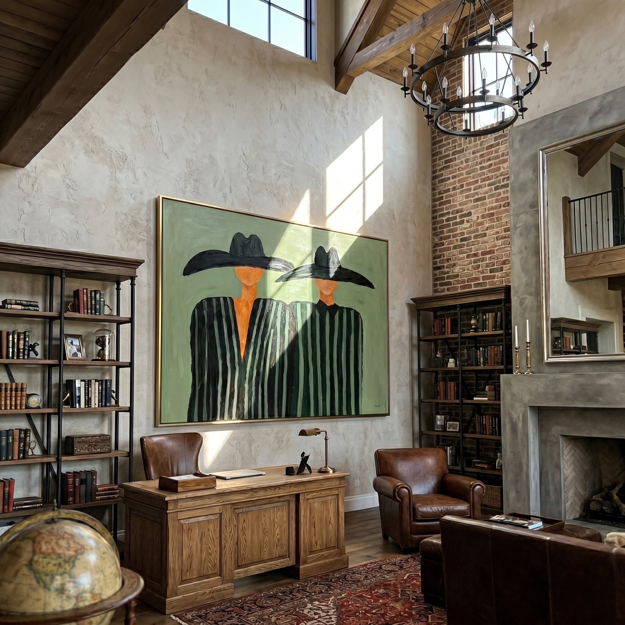 The Sage Echo – Modernist Sage Green Striped Figures Painting | Minimalist High-End Entryway Art