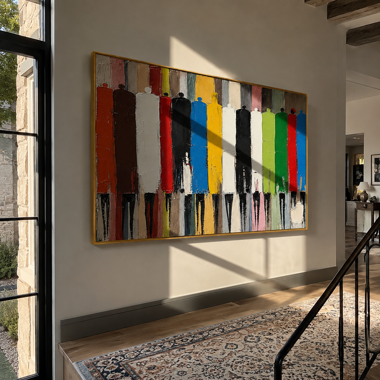 Facing Painted Horizons displayed above a sofa in a coordinated modern interior