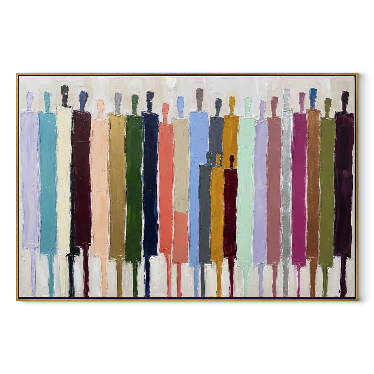 Bright Procession Across White – colorful elongated figures painting, wood frame on white background