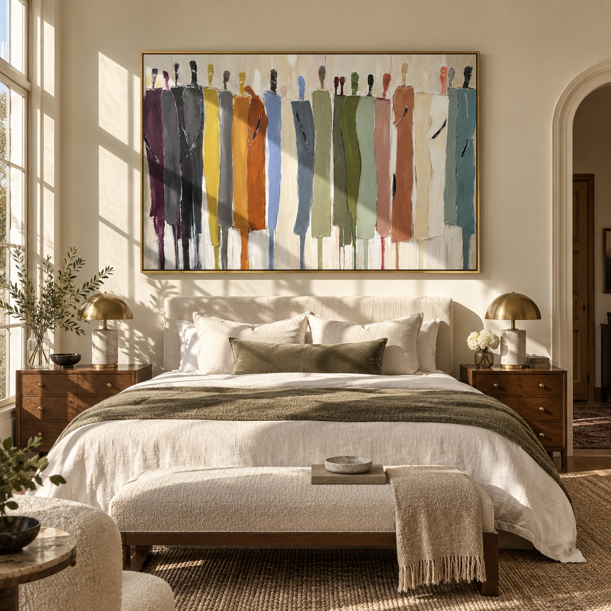 Muted Assembly Holds the Line – earth-tone abstract figures painting, displayed above a warm neutral bed