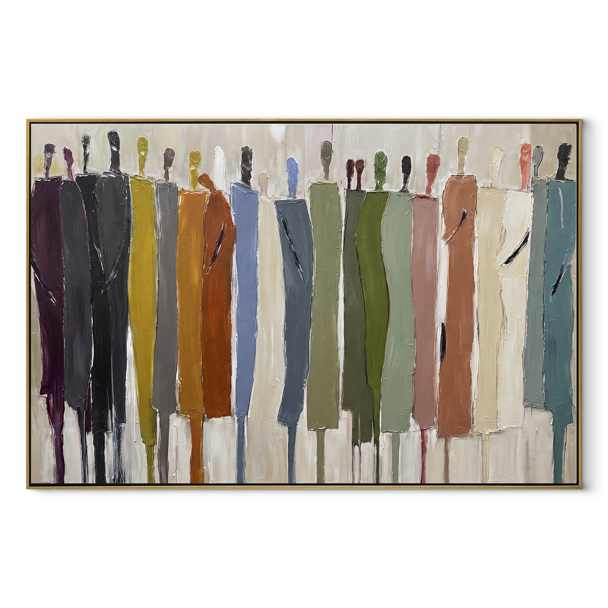 Muted Assembly Holds the Line – earth-tone abstract figures painting, wood frame on white background
