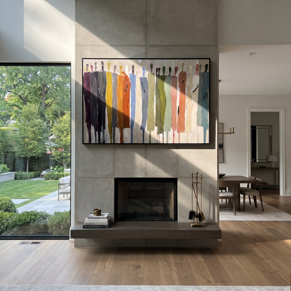 Muted Assembly Holds the Line – earth-tone abstract figures painting, displayed over a modern fireplace